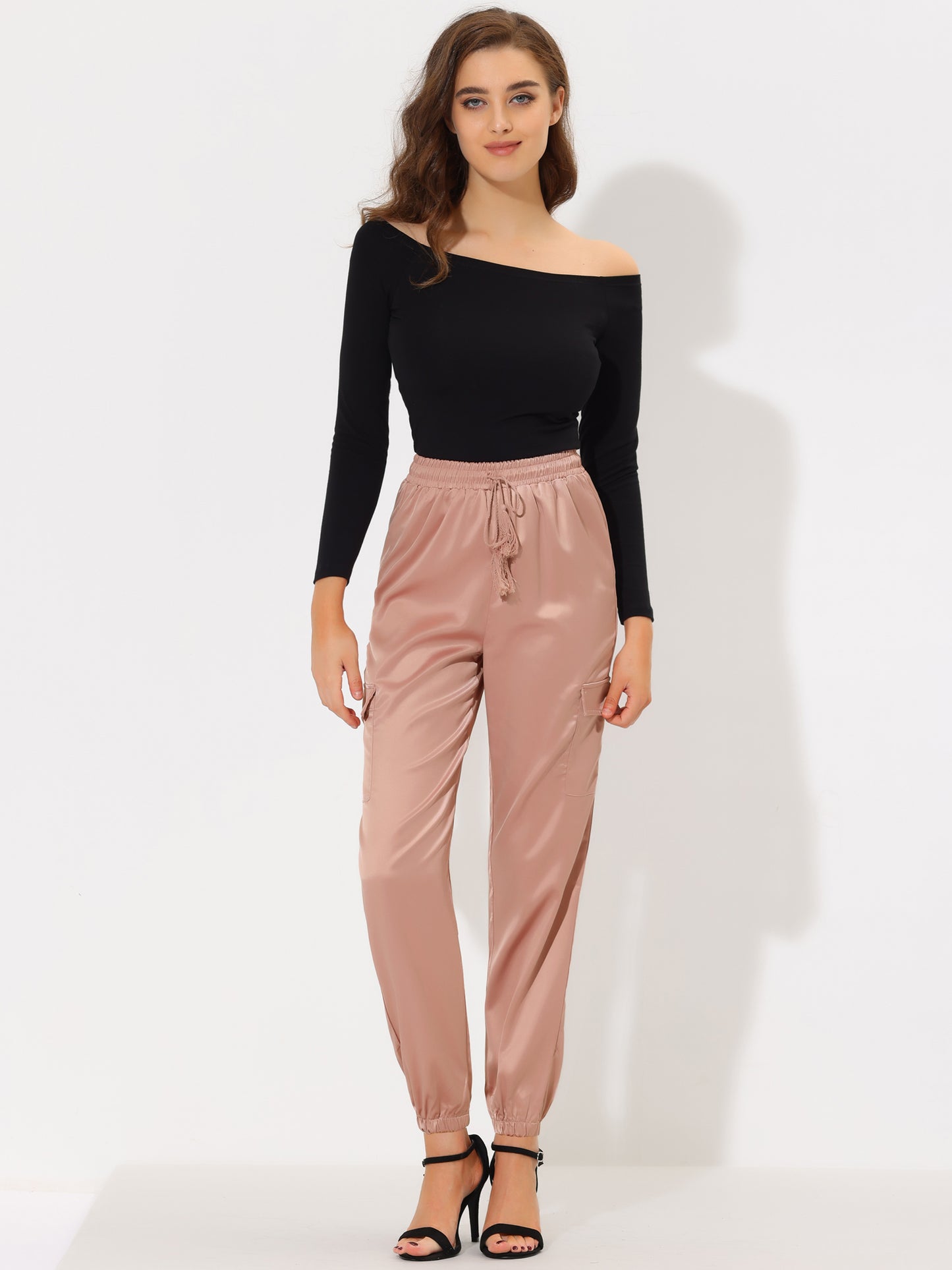 Women's Satin Joggers Drawstring Elastic Athleisure Pants High Waist Shiny Silky Satin Cargo Pants
