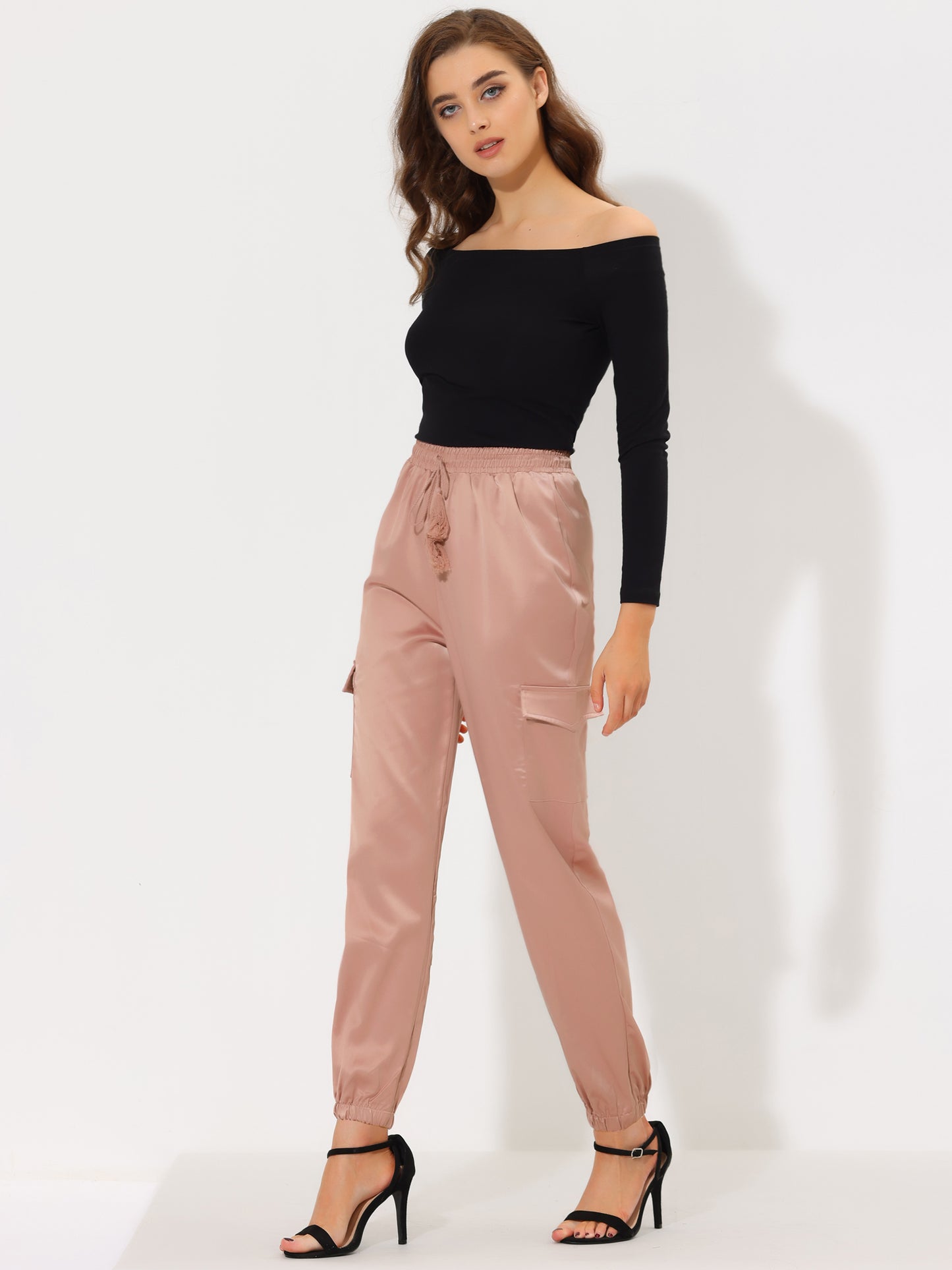 Women's Satin Joggers Drawstring Elastic Athleisure Pants High Waist Shiny Silky Satin Cargo Pants