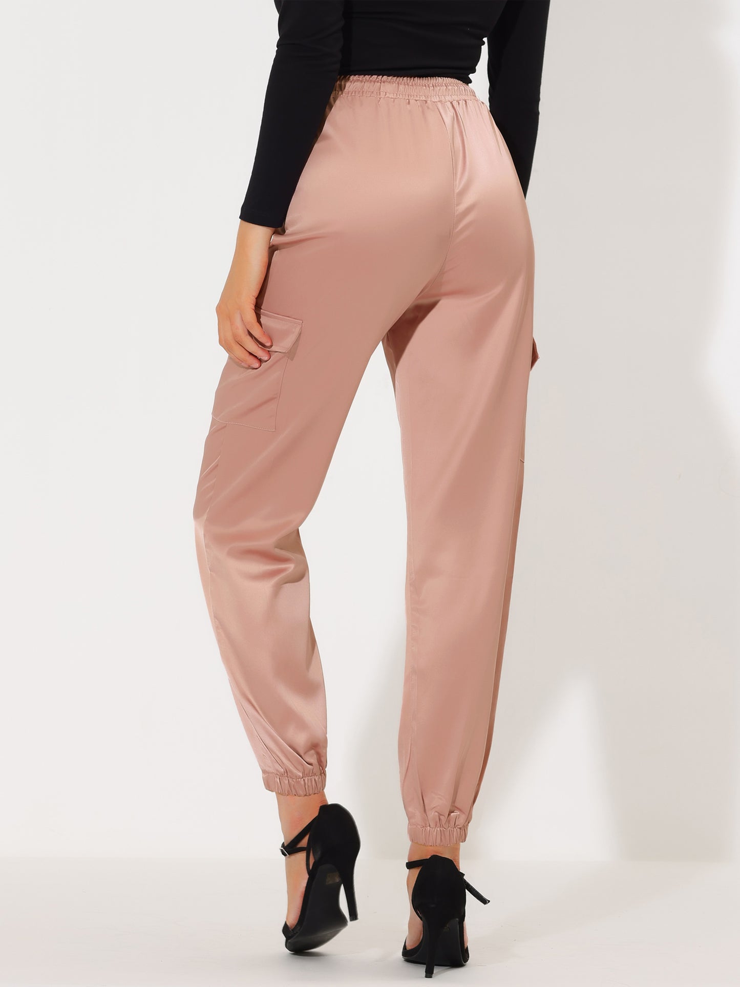 Women's Satin Joggers Drawstring Elastic Athleisure Pants High Waist Shiny Silky Satin Cargo Pants