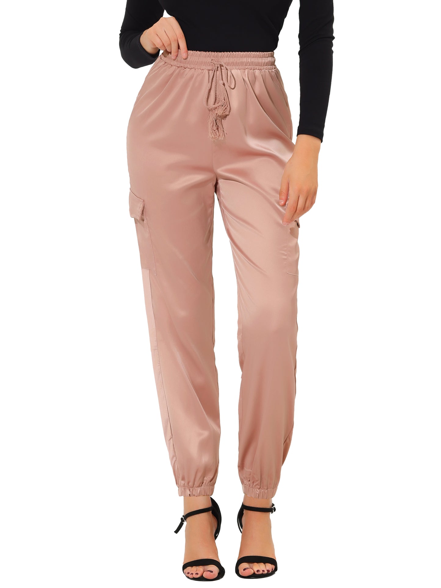 Women's Satin Joggers Drawstring Elastic Athleisure Pants High Waist Shiny Silky Satin Cargo Pants