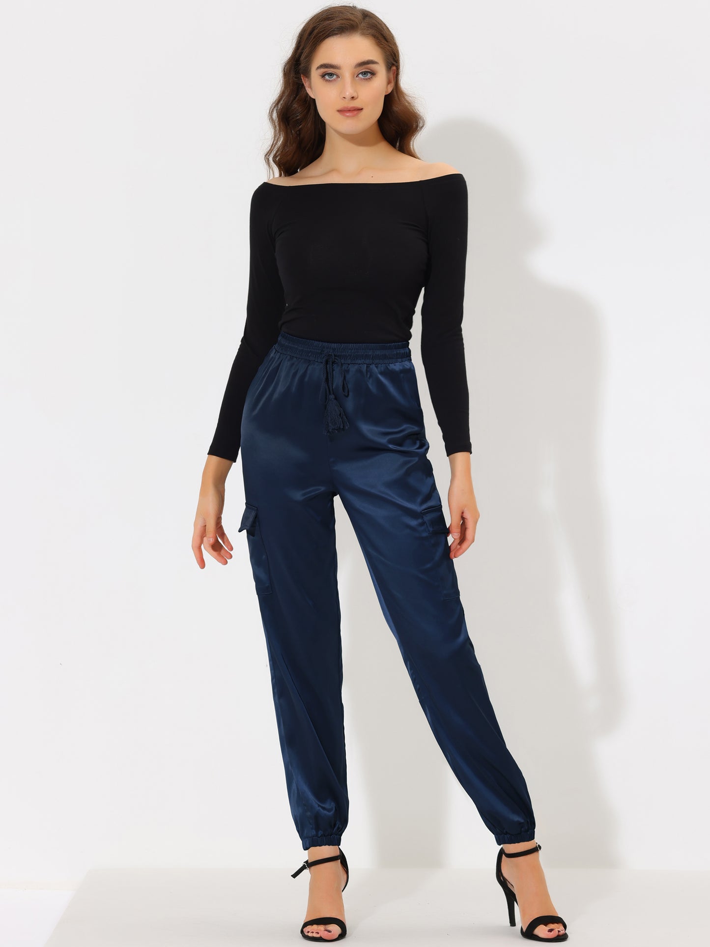 Women's Satin Joggers Drawstring Elastic Athleisure Pants High Waist Shiny Silky Satin Cargo Pants