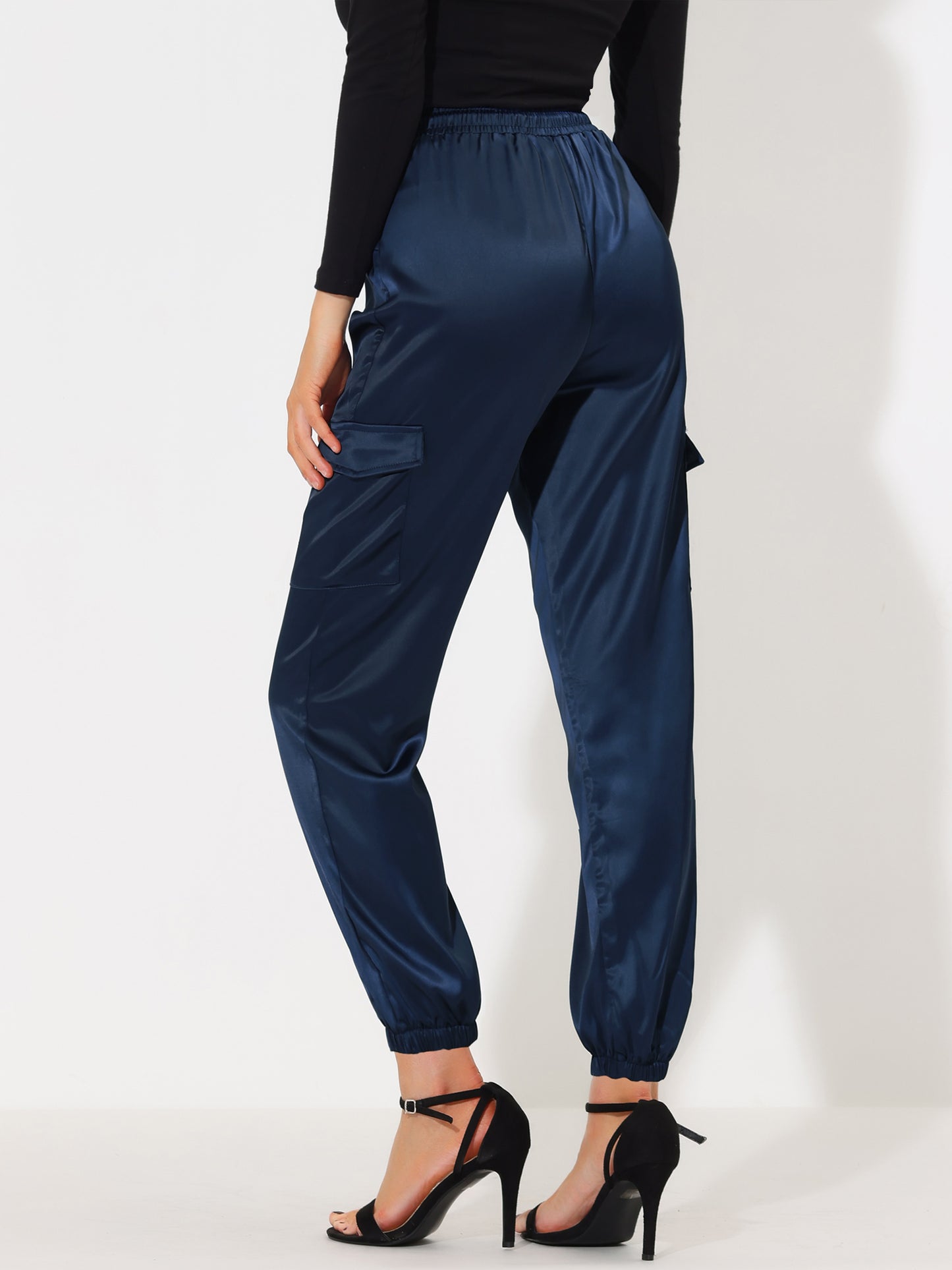 Women's Satin Joggers Drawstring Elastic Athleisure Pants High Waist Shiny Silky Satin Cargo Pants