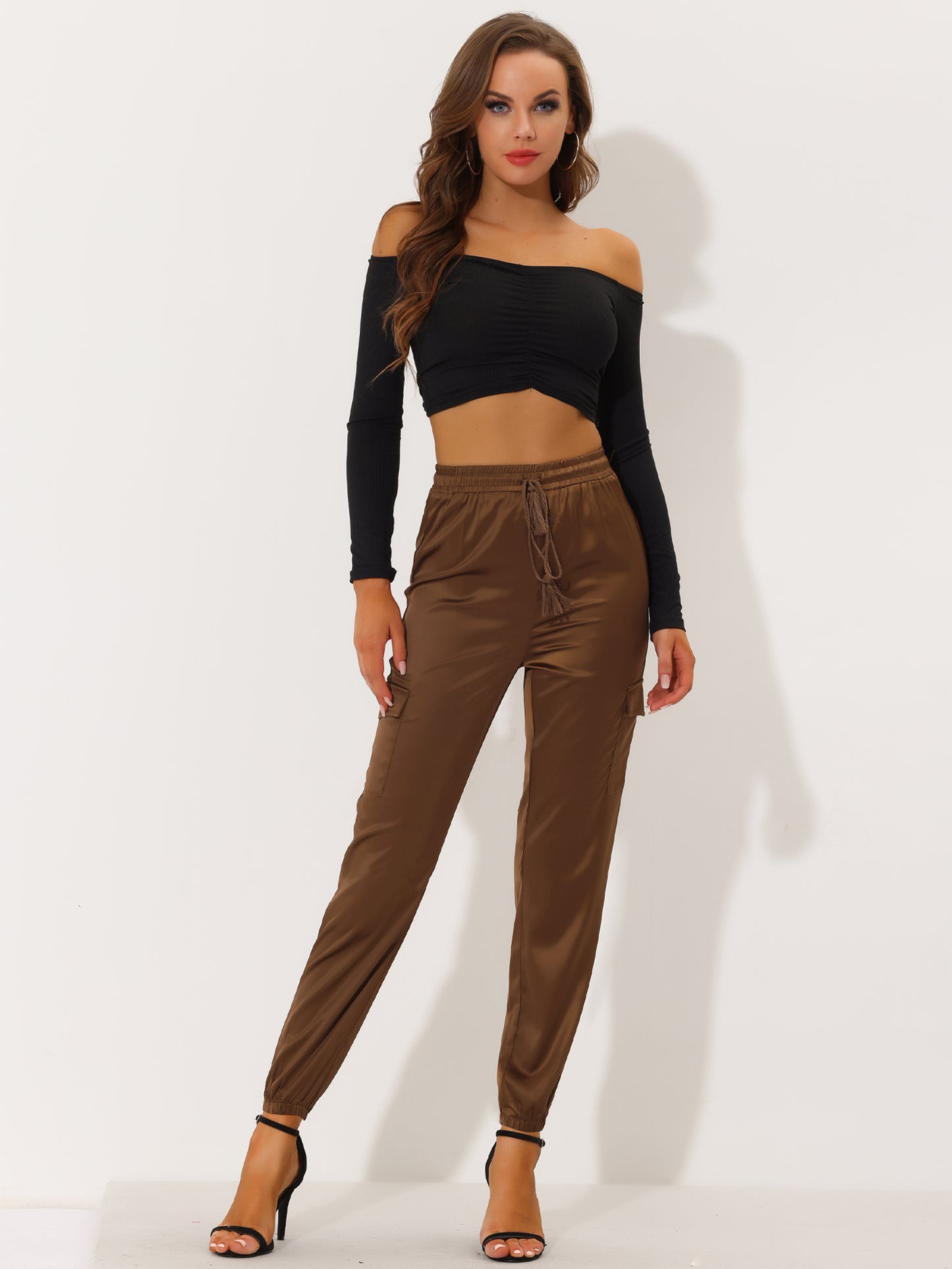 Women's Satin Joggers Drawstring Elastic Athleisure Pants High Waist Shiny Silky Satin Cargo Pants