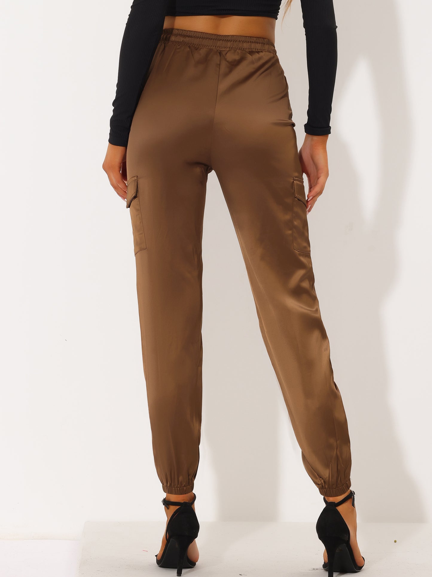 Women's Satin Joggers Drawstring Elastic Athleisure Pants High Waist Shiny Silky Satin Cargo Pants