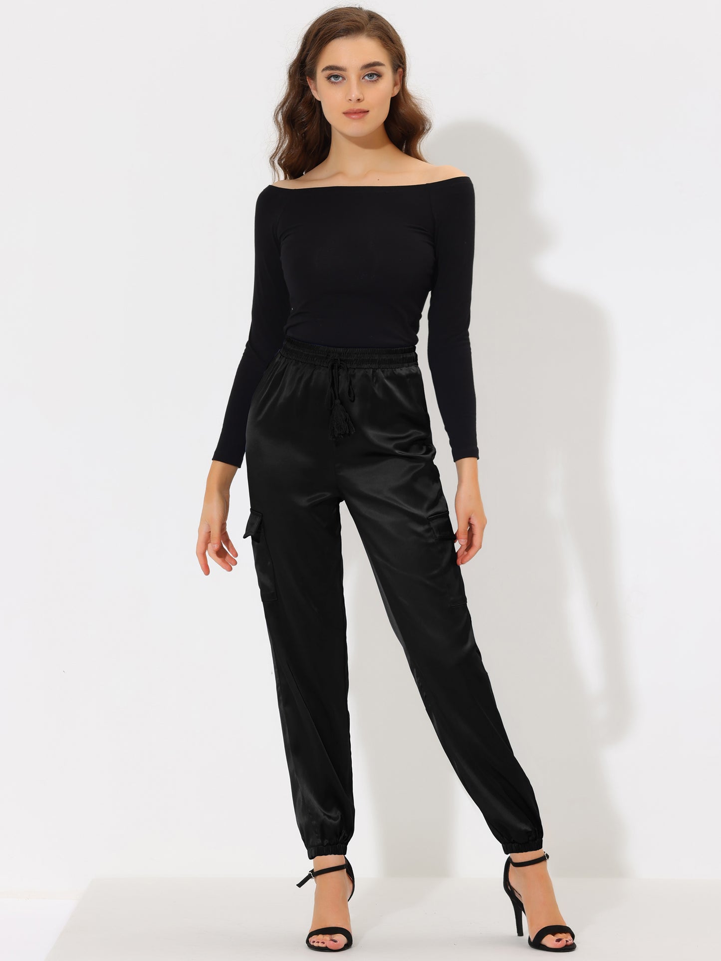 Women's Satin Joggers Drawstring Elastic Athleisure Pants High Waist Shiny Silky Satin Cargo Pants (Available in Plus Size)