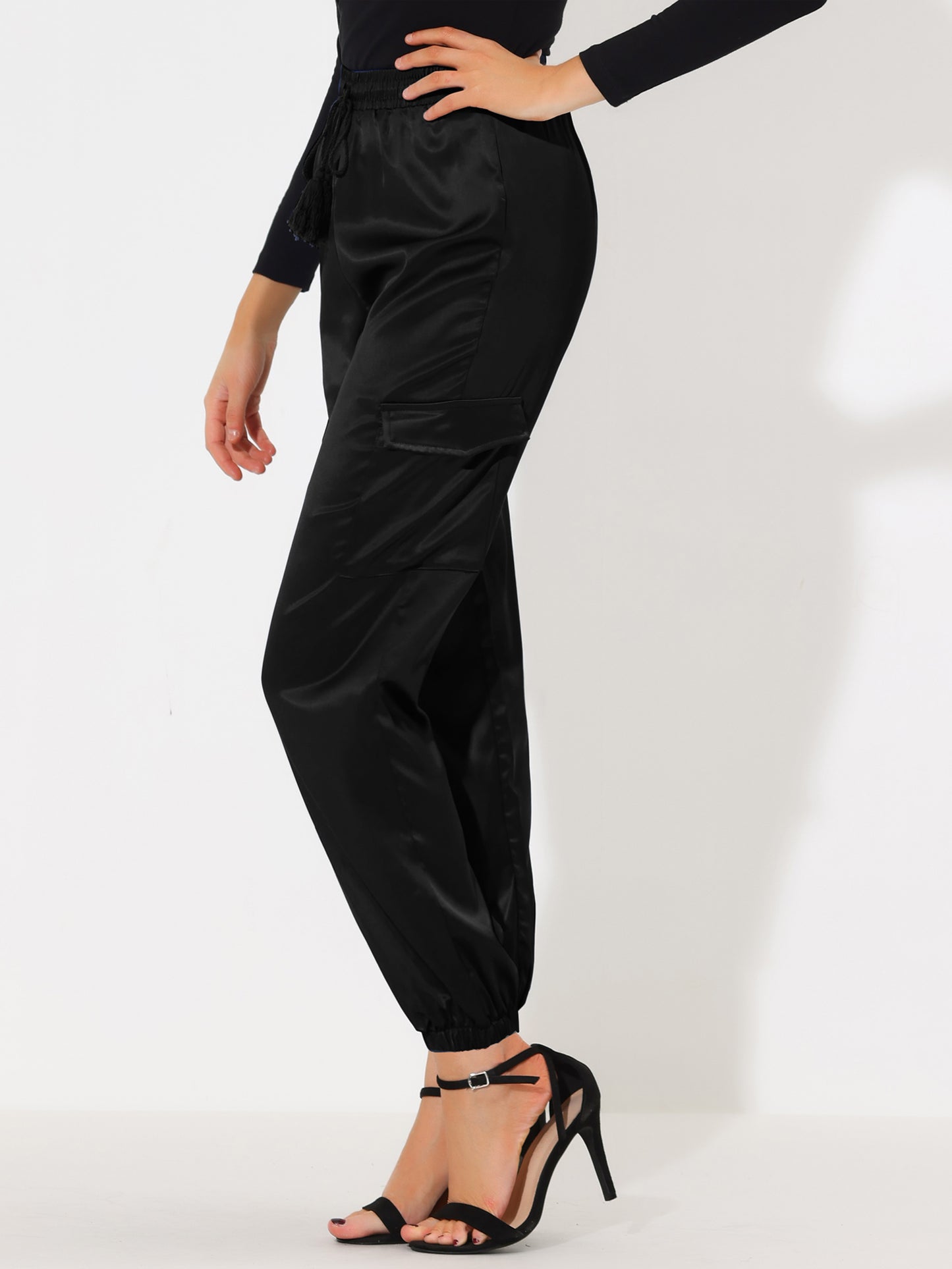 Women's Satin Joggers Drawstring Elastic Athleisure Pants High Waist Shiny Silky Satin Cargo Pants (Available in Plus Size)
