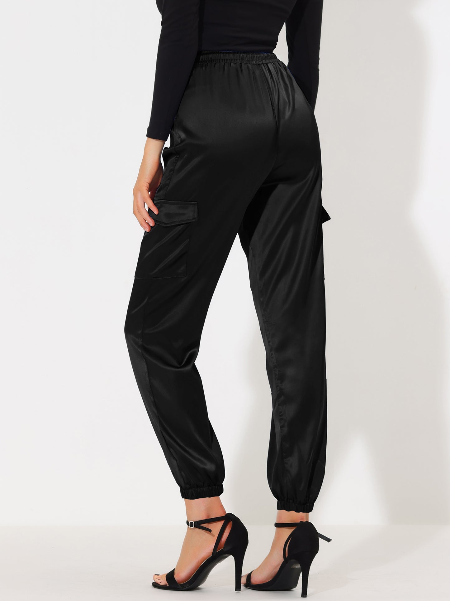 Women's Satin Joggers Drawstring Elastic Athleisure Pants High Waist Shiny Silky Satin Cargo Pants (Available in Plus Size)