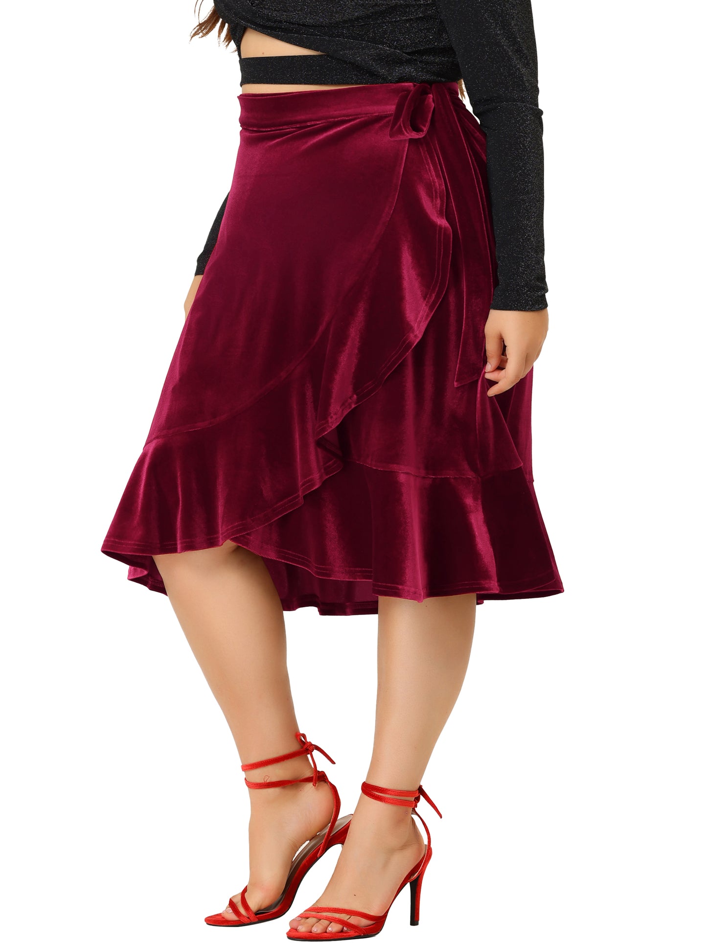 Women Plus Size Skirt Party Cocktail Ruffled Hem Velvet Wrap Retro Skirt