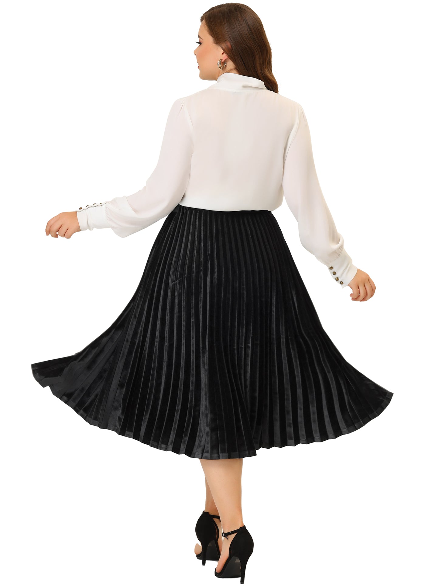 Women Plus Size Velvet Skirt Elastic Waist Metallic Accordion Midi Pleated Skirt