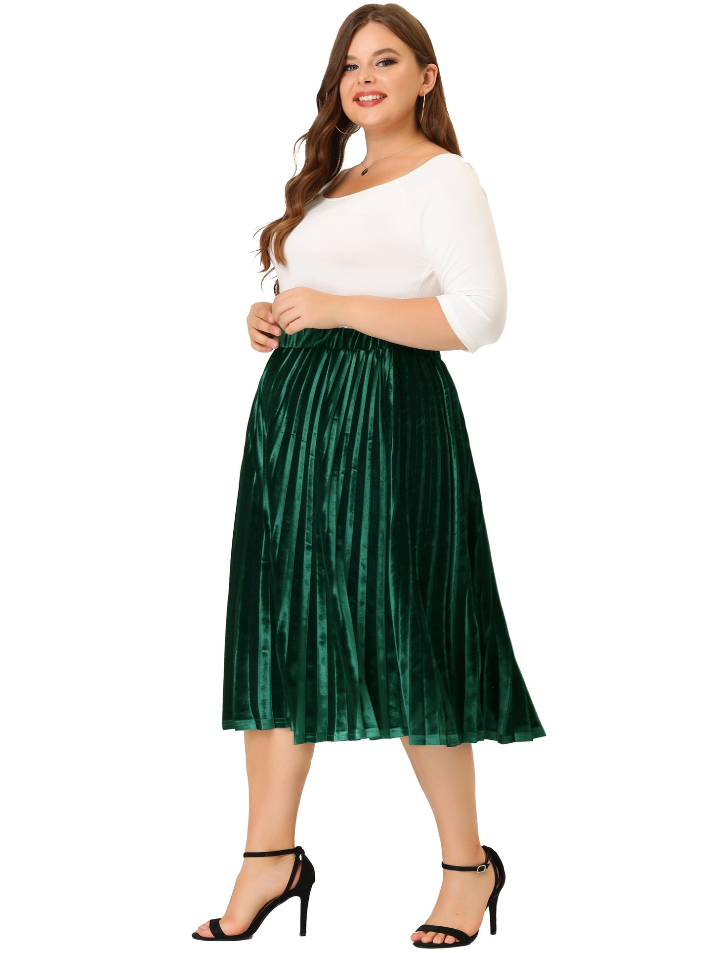 Women Plus Size Velvet Skirt Elastic Waist Metallic Accordion Midi Pleated Skirt