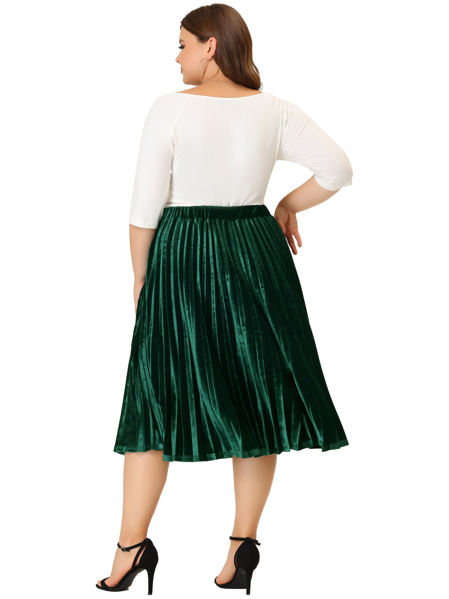 Women Plus Size Velvet Skirt Elastic Waist Metallic Accordion Midi Pleated Skirt