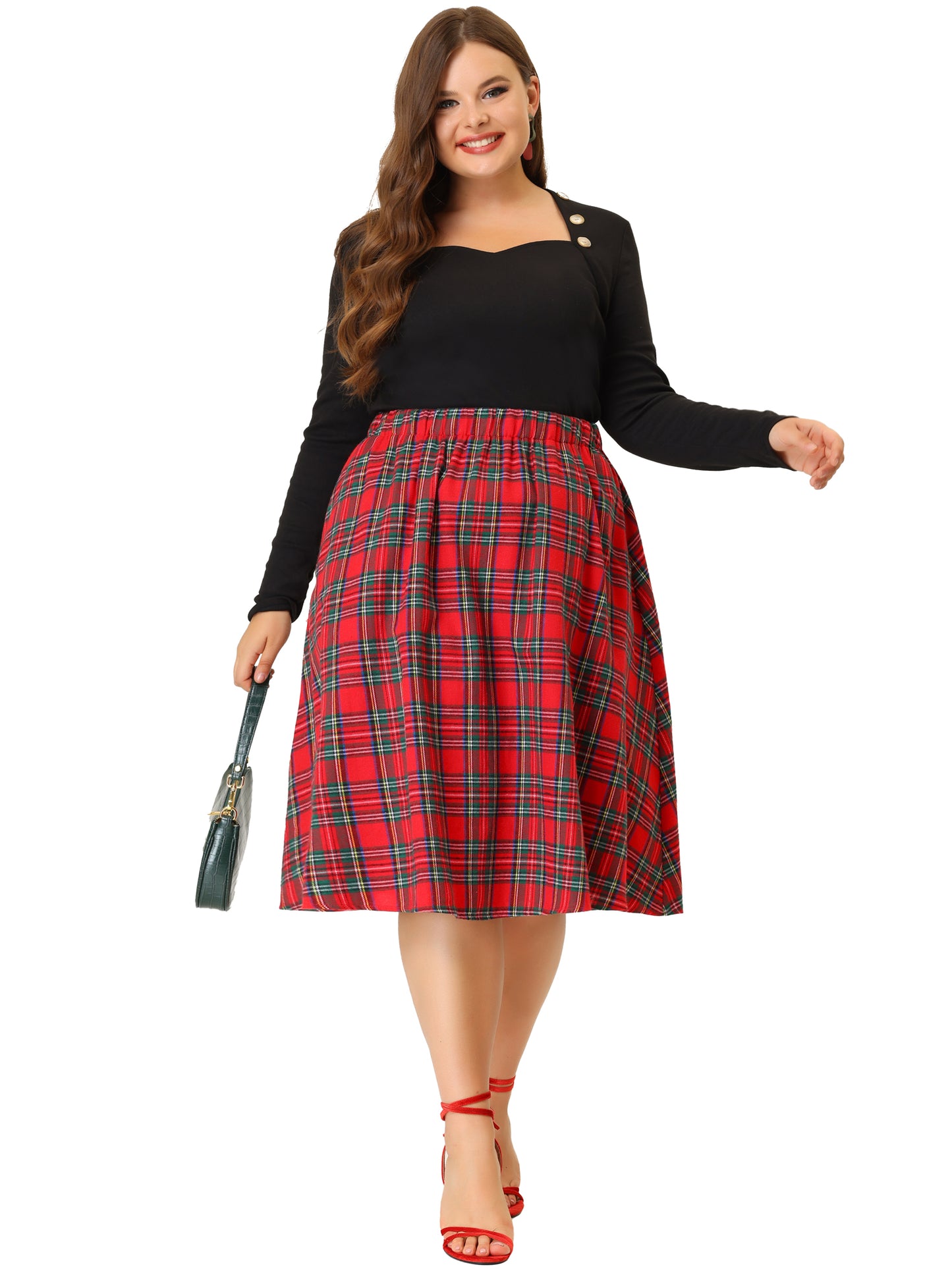 Women Plus Size Vintage Skirt A-line Plaid Printed Flare Elastic High Waist Midi Skirt