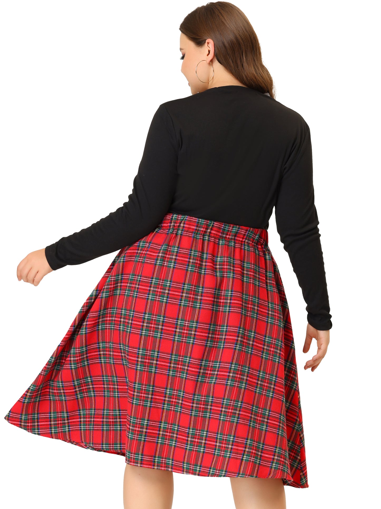 Women Plus Size Vintage Skirt A-line Plaid Printed Flare Elastic High Waist Midi Skirt