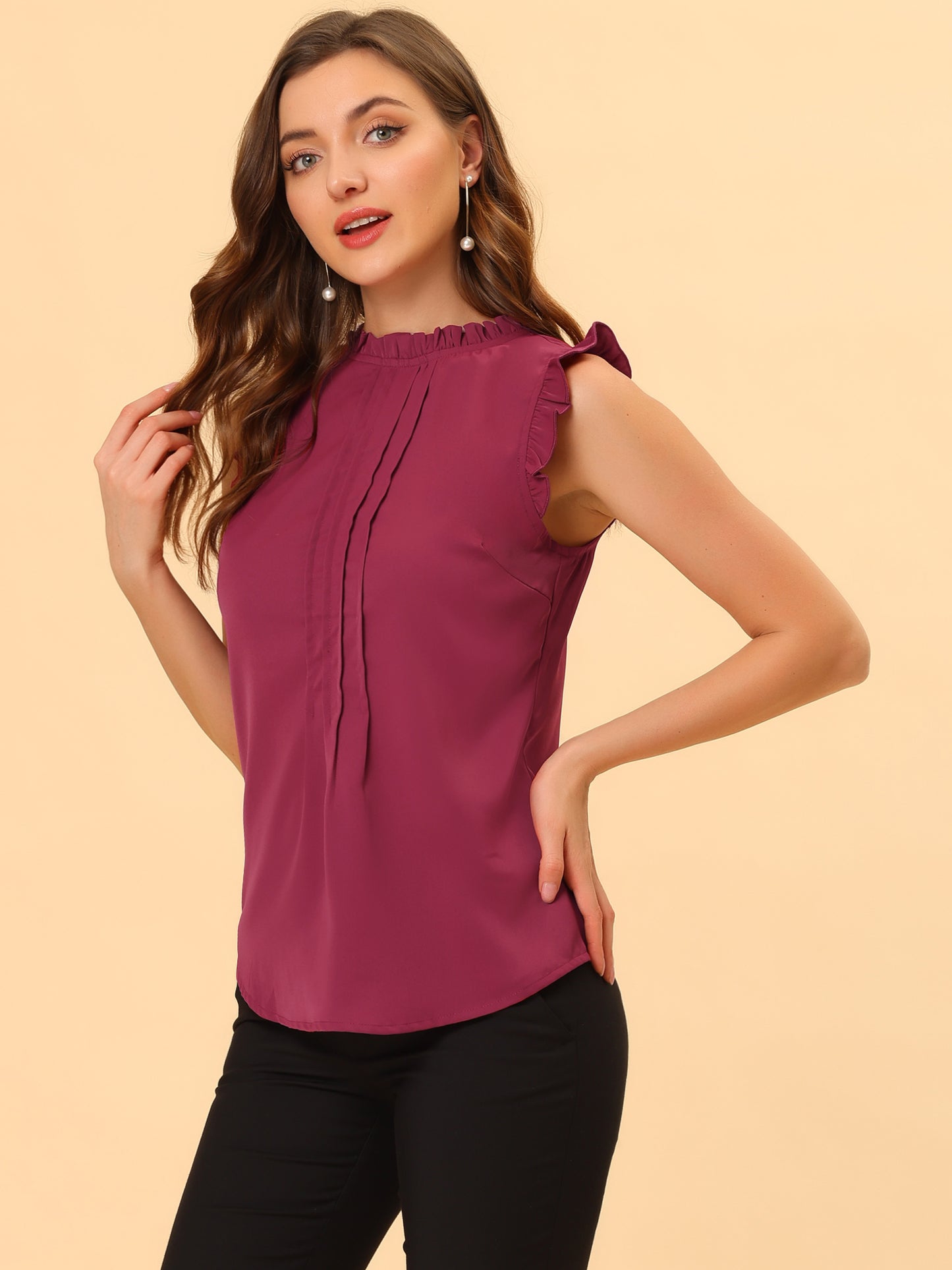 Women's Business Casual Sleeveless Ruffle Blouse Top (Available in Plus Size)