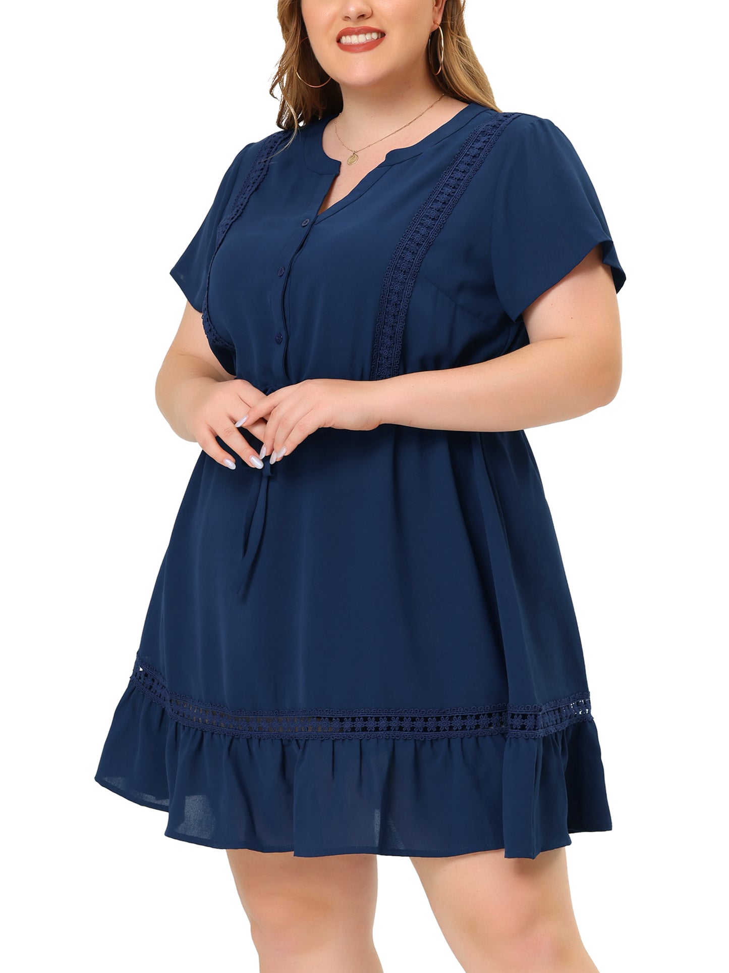 Women Plus Size Button V Neck Summer Midi Ruffle A Line Swing Dress