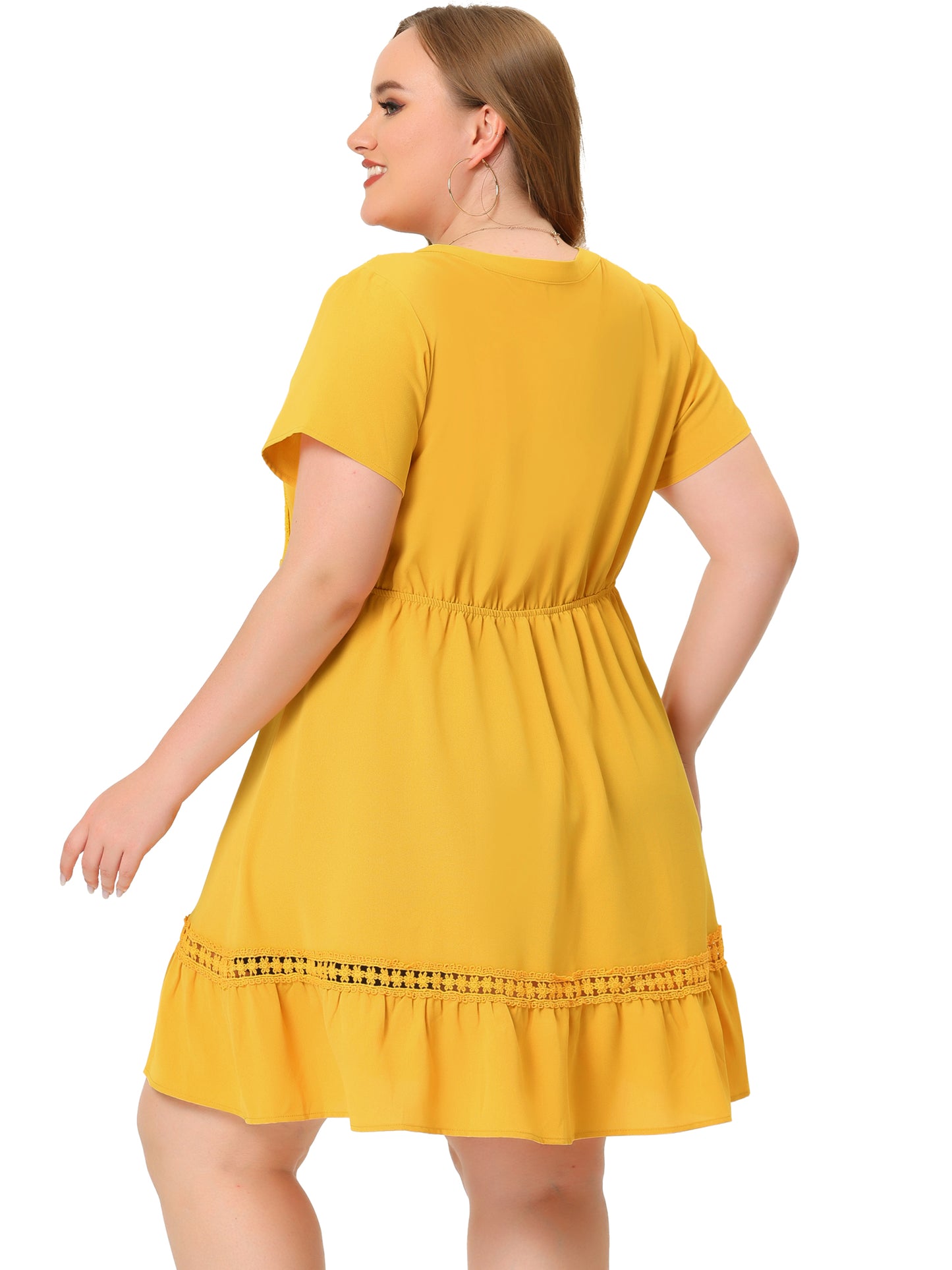 Women Plus Size Button V Neck Summer Midi Ruffle A Line Swing Dress