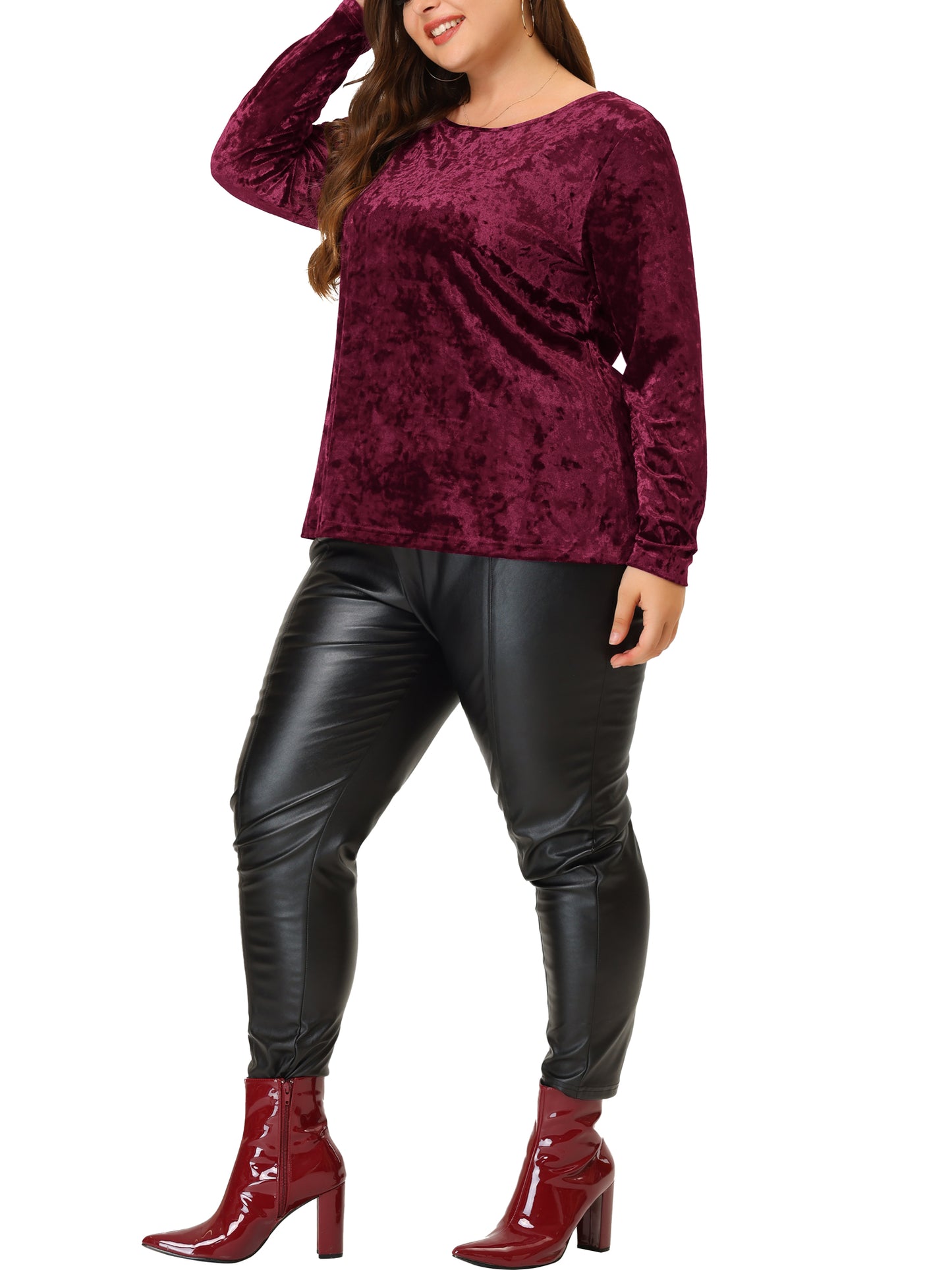 Women Plus SIze Velvet Top Tops Crew Neck Long Sleeve Vintage Retro T-Shirt