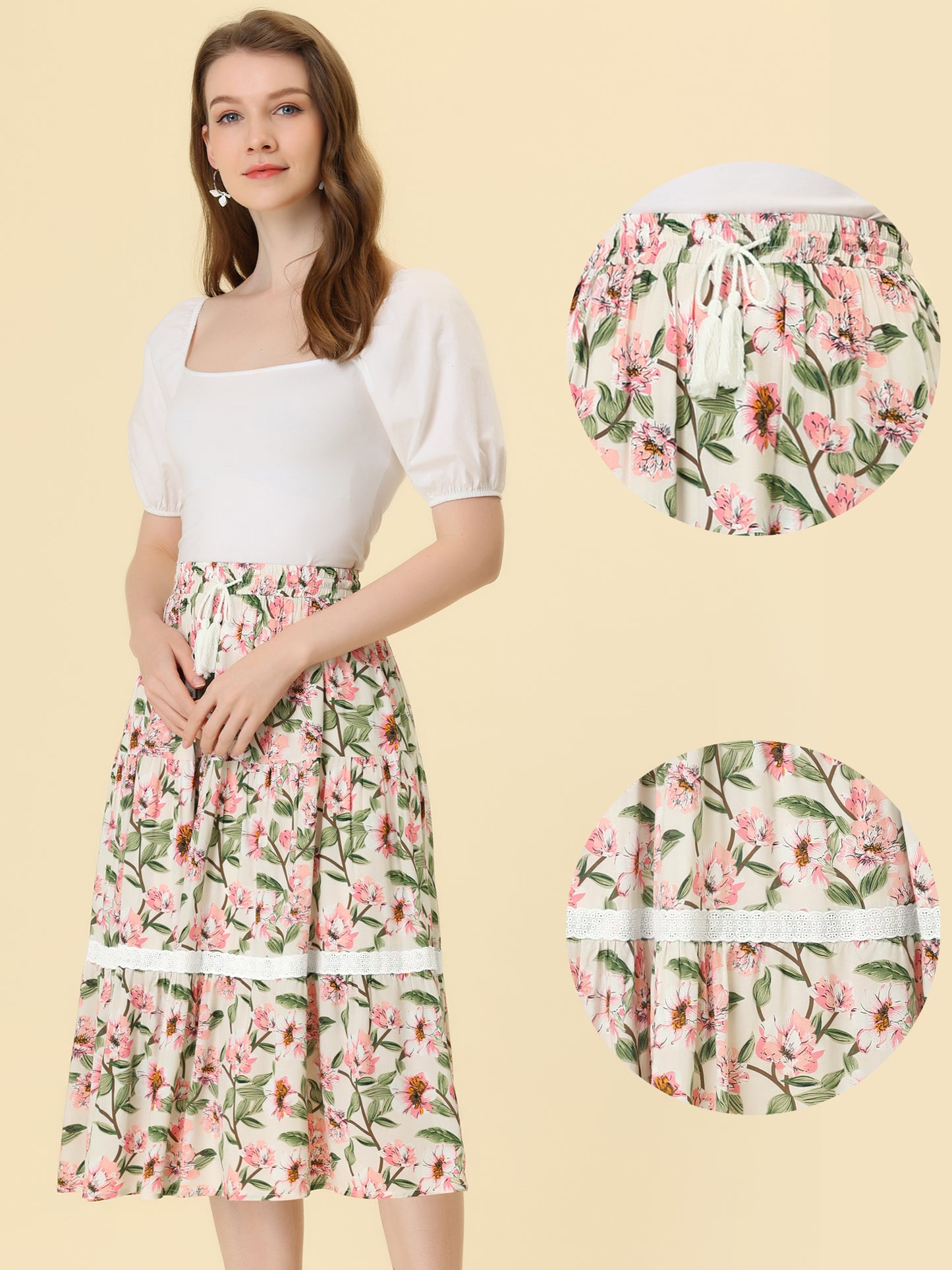 Falda floral para mujer con encaje, cordón elástico, falda midi escalonada