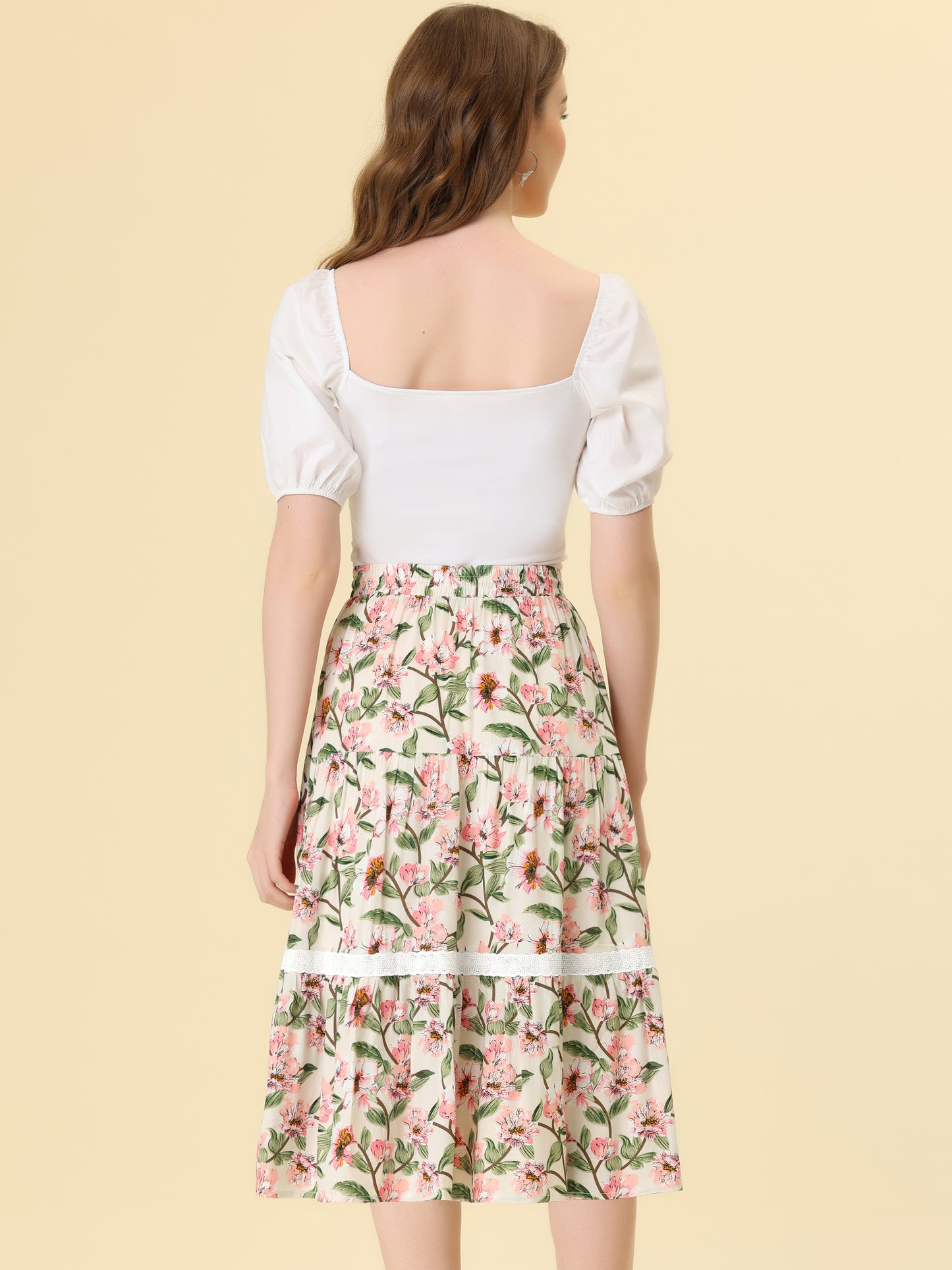 Falda floral para mujer con encaje, cordón elástico, falda midi escalonada