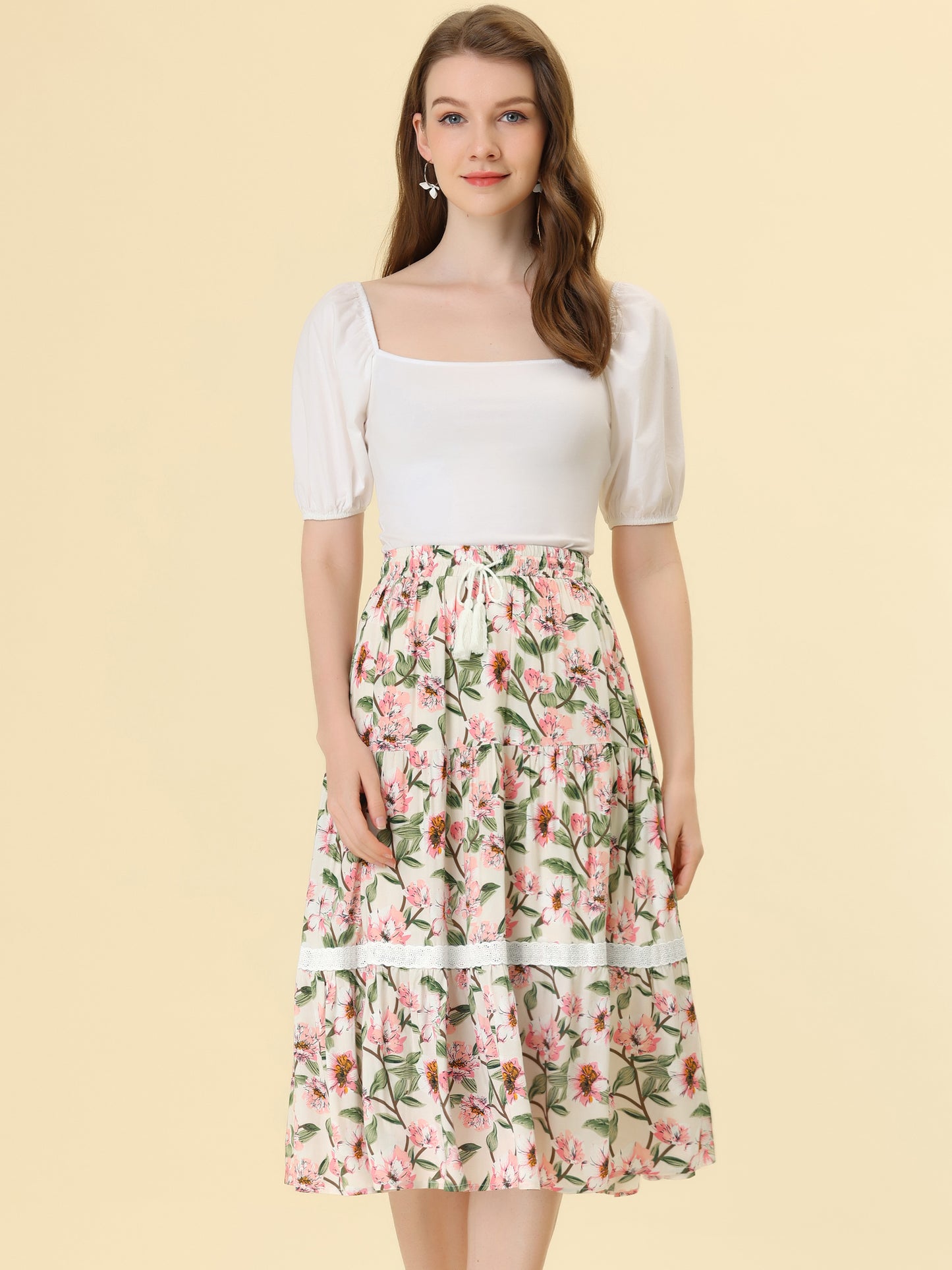 Falda floral para mujer con encaje, cordón elástico, falda midi escalonada