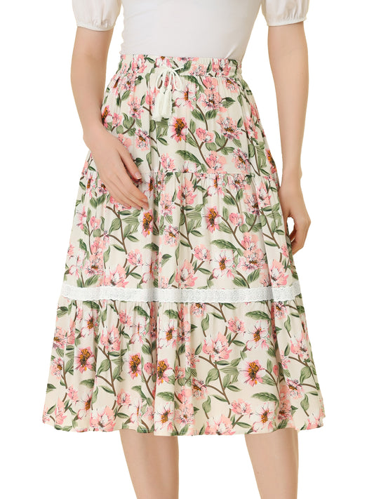 Falda floral para mujer con encaje, cordón elástico, falda midi escalonada