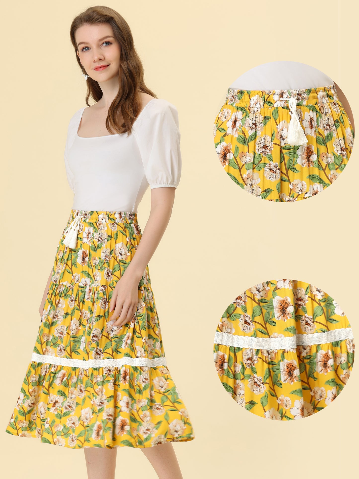 Falda floral para mujer con encaje, cordón elástico, falda midi escalonada