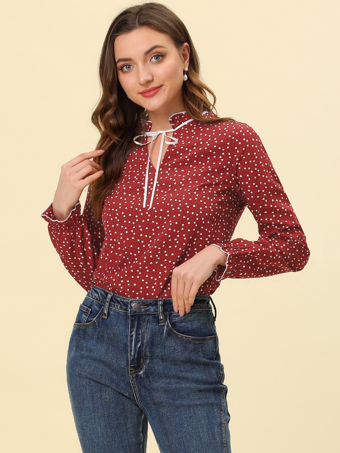 Women's Bow Tie Neck Blouse Ruffled Collar Printed Long Sleeve Top