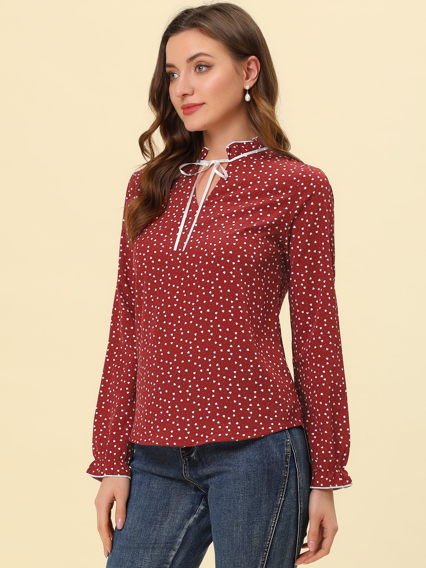 Women's Bow Tie Neck Blouse Ruffled Collar Printed Long Sleeve Top