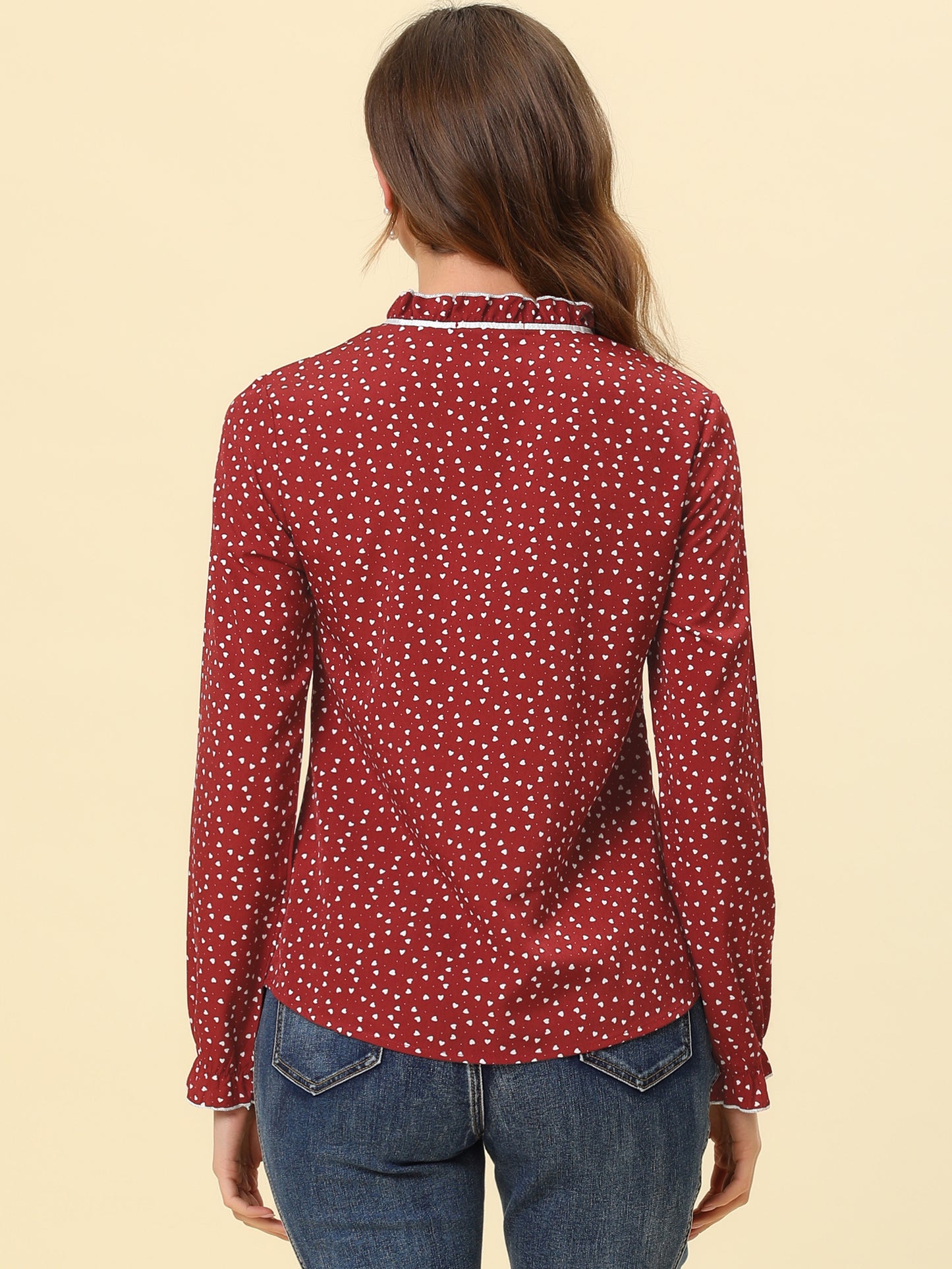 Women's Bow Tie Neck Blouse Ruffled Collar Printed Long Sleeve Top