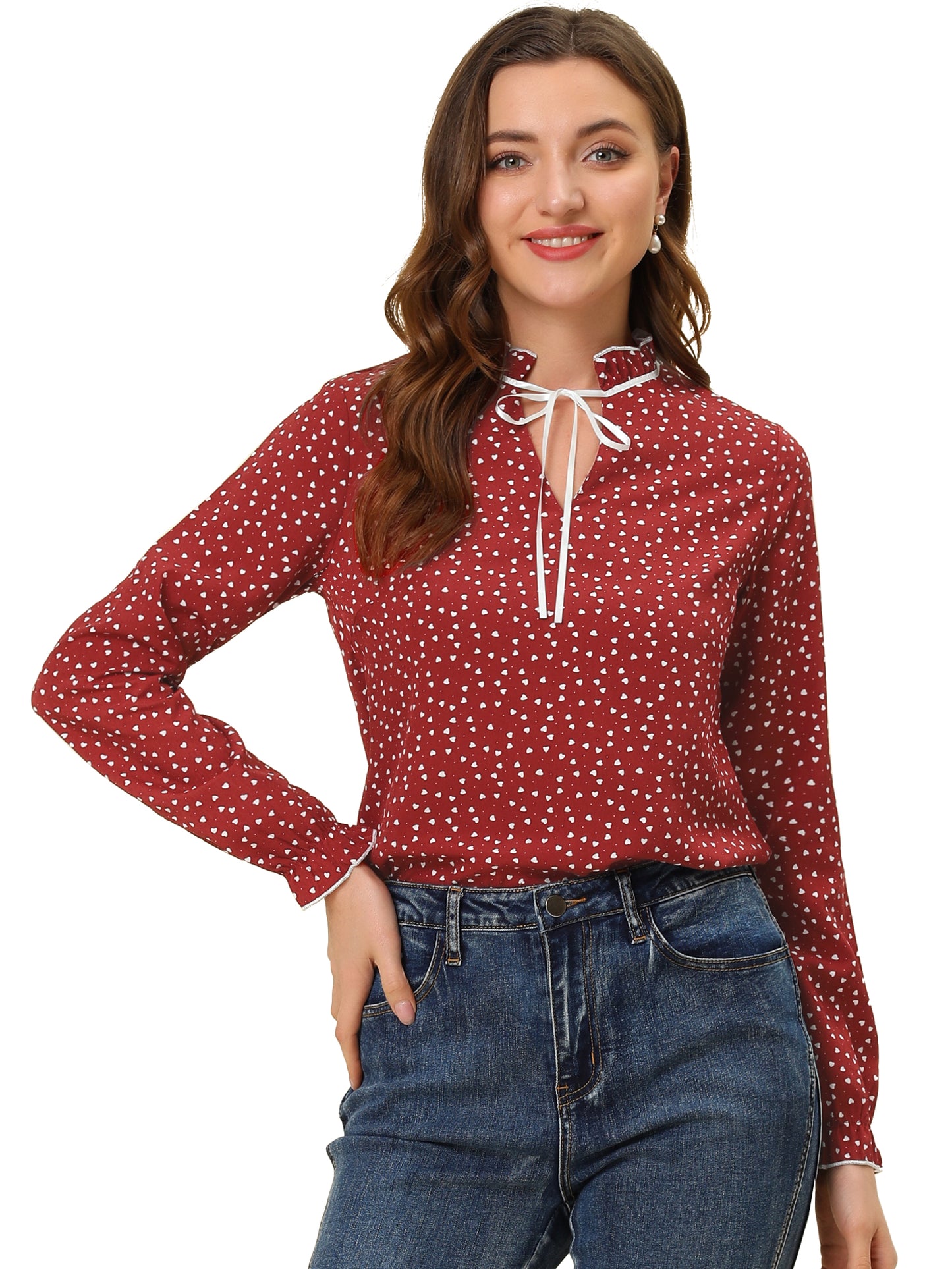 Women's Bow Tie Neck Blouse Ruffled Collar Printed Long Sleeve Top