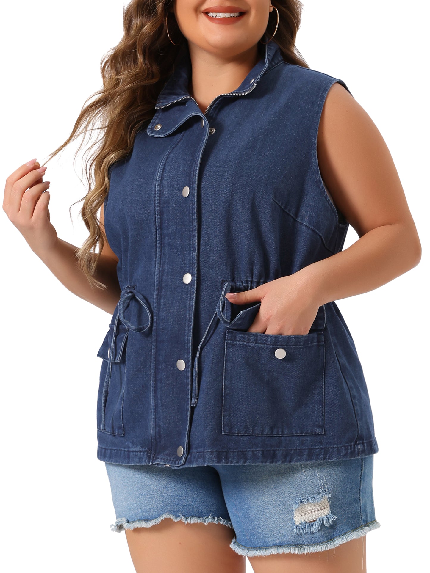 Women Plus Size Utility Vest Lightweight Sleeveless Anorak Cargo Drawstring Jean Denim Jacket