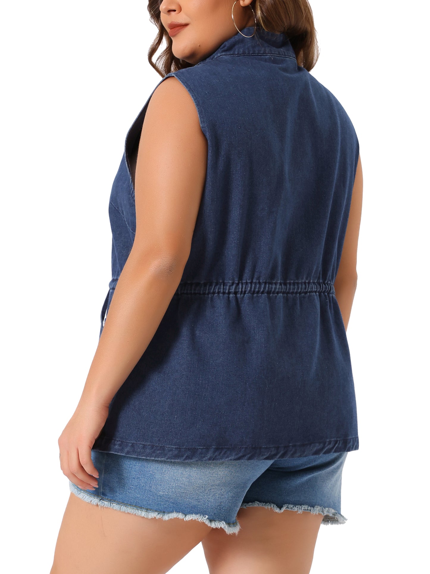 Women Plus Size Utility Vest Lightweight Sleeveless Anorak Cargo Drawstring Jean Denim Jacket