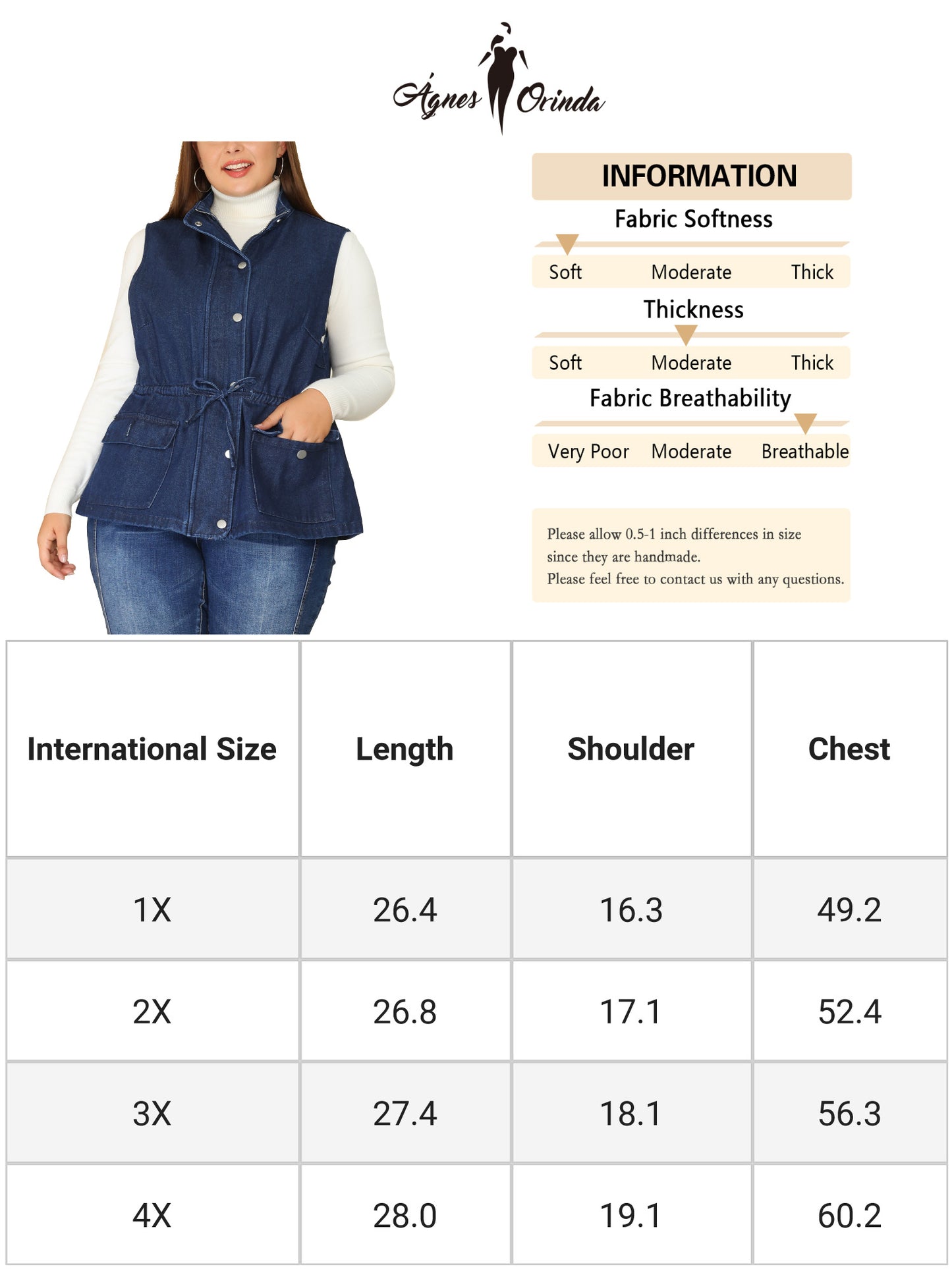 Women Plus Size Utility Vest Lightweight Sleeveless Anorak Cargo Drawstring Jean Denim Jacket