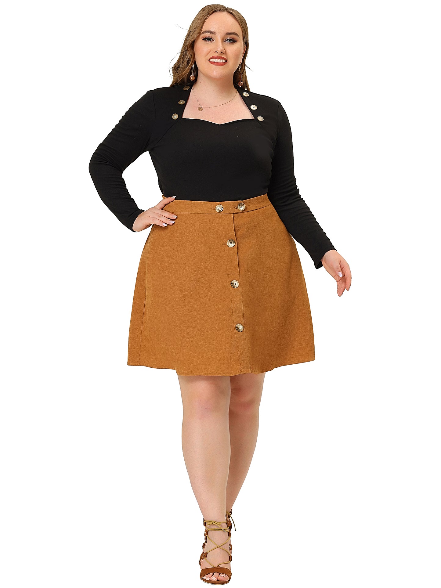 Women Plus Size Corduroy Skirt Button Casual Mid Waist A Line Mini Skirt