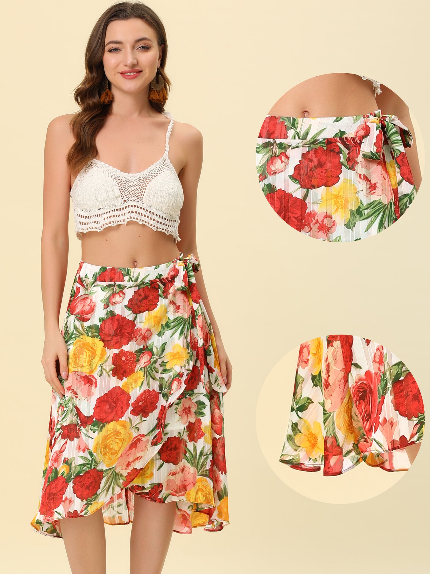 Falda hawaiana tropical para mujer con volantes, dobladillo plisado, lazo cruzado y estampado floral brillante