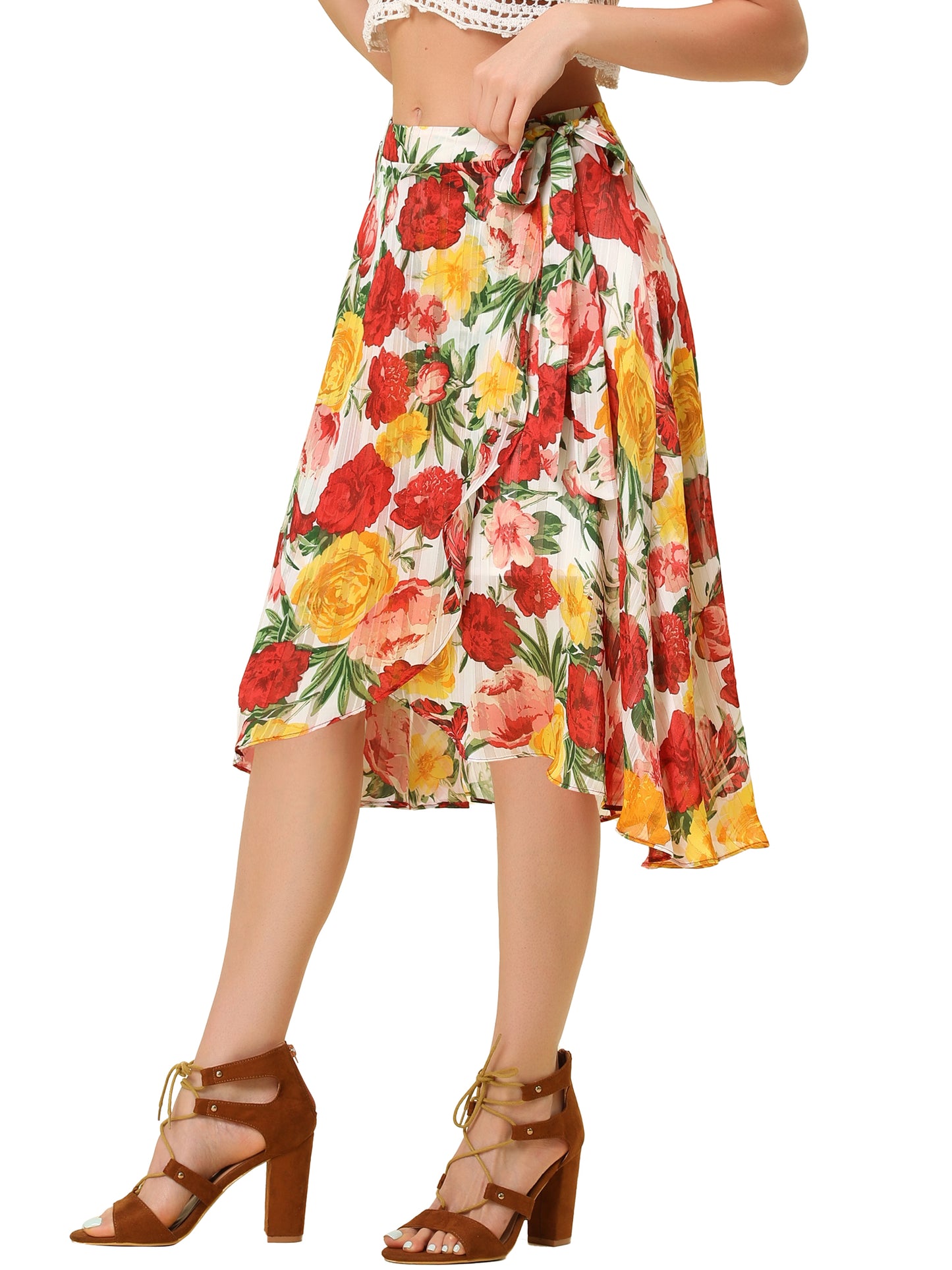 Falda hawaiana tropical para mujer con volantes, dobladillo plisado, lazo cruzado y estampado floral brillante