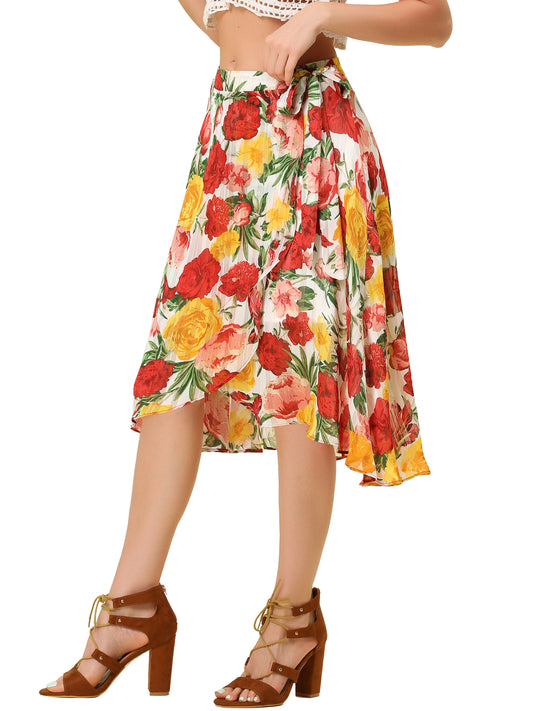 Women's Hawaiian Tropical Skirt Ruffle Pleated Hem Tie Wrap Glitter Floral Skirts
