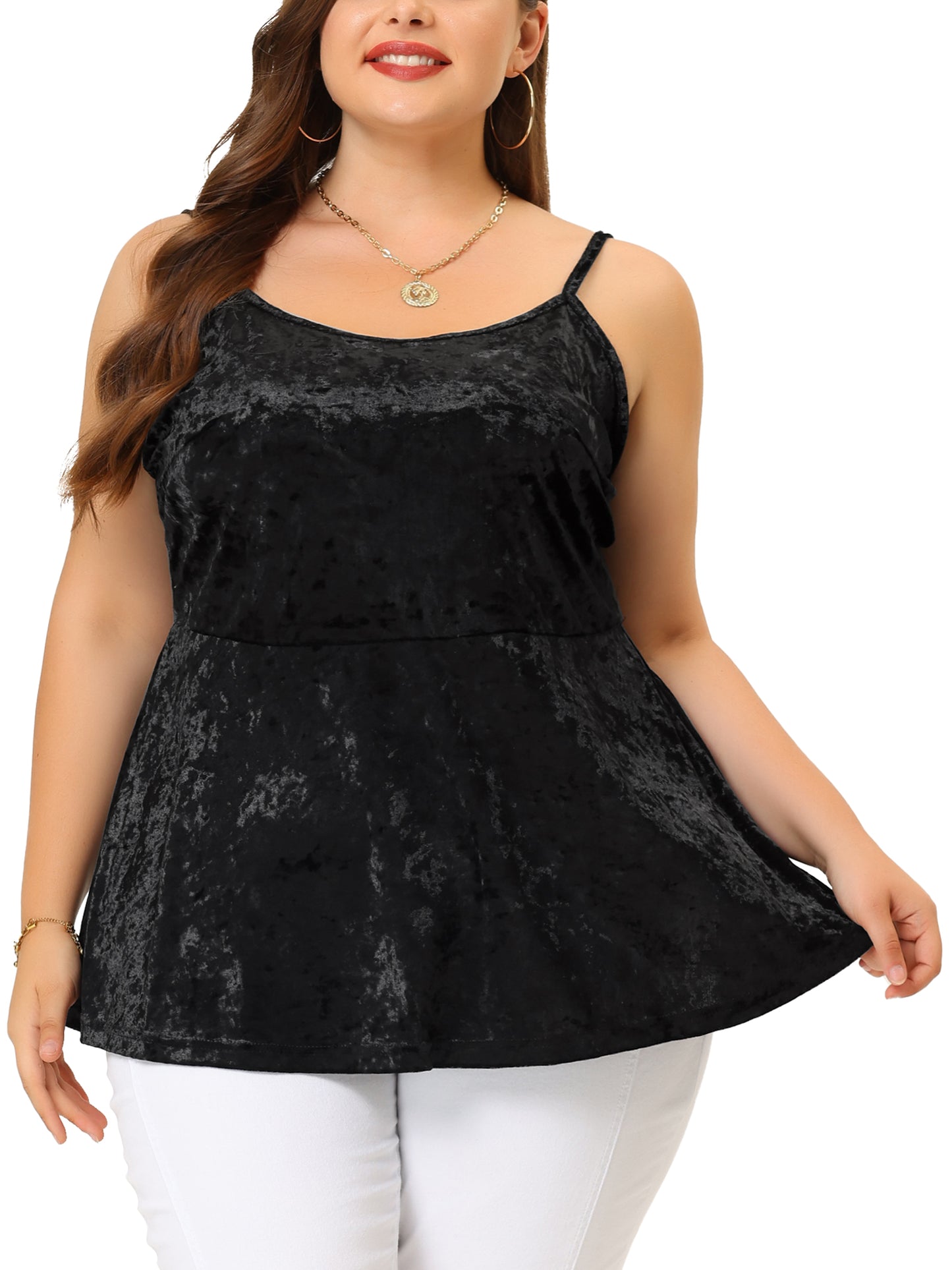 Women Plus Size Cami Top Adjustable Strap Sleeveless Velvet Peplum Camisole