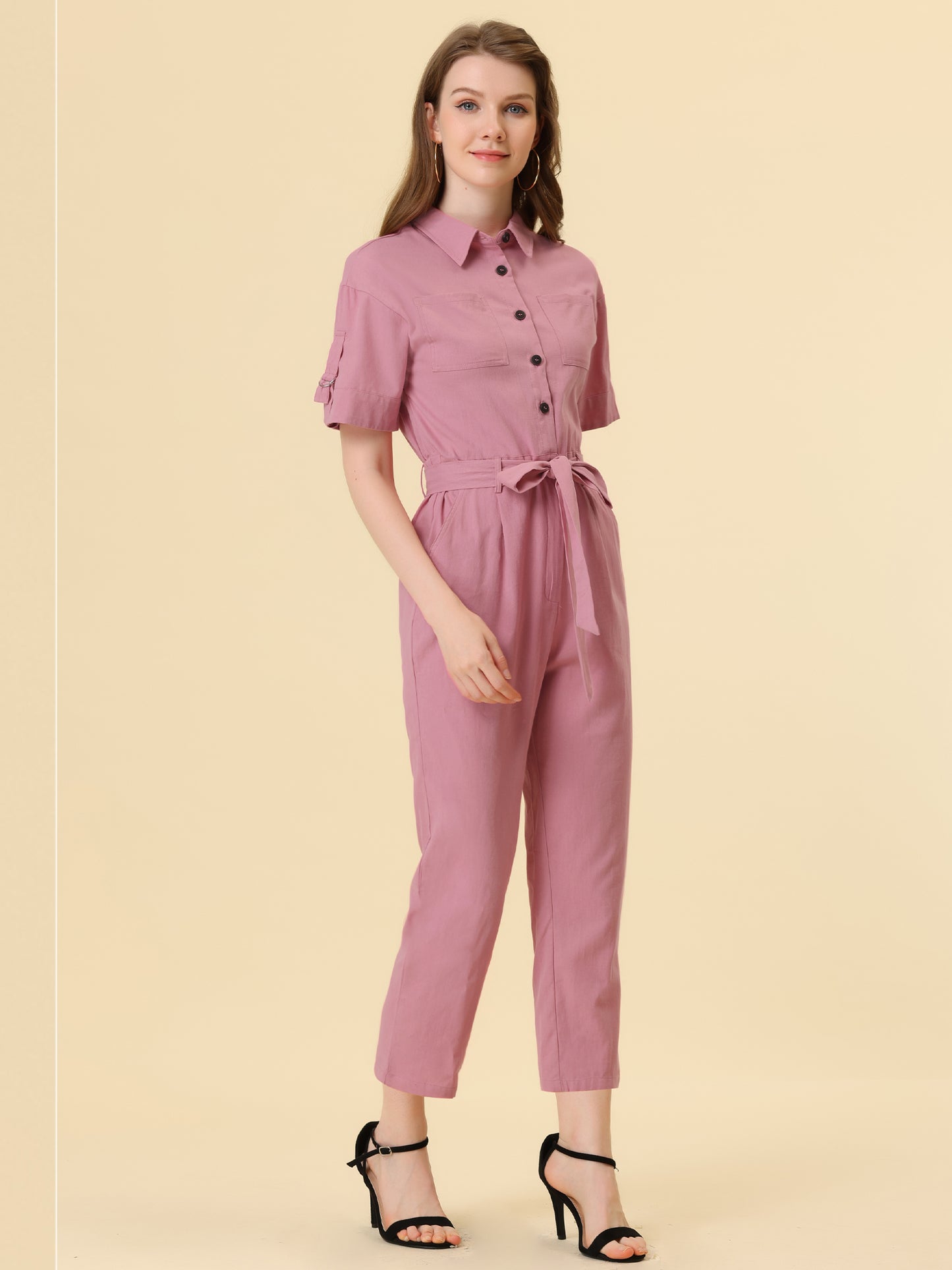 Women's Short Sleeve Collared Cropped Coverall Button Down Tie Waist Cotton Cargo Jumpsuit