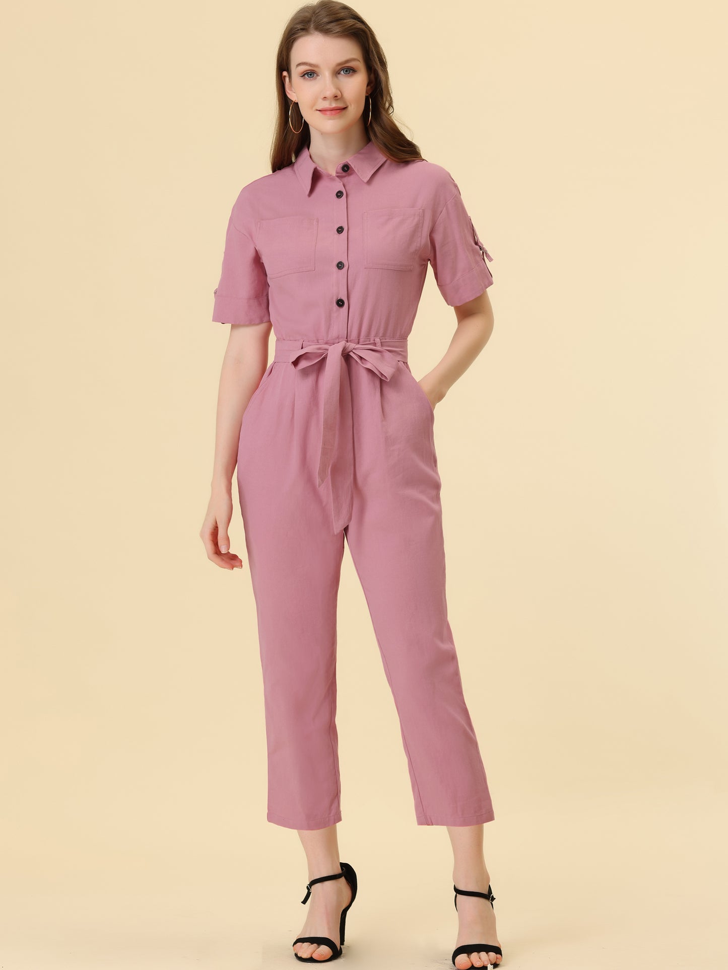Women's Short Sleeve Collared Cropped Coverall Button Down Tie Waist Cotton Cargo Jumpsuit