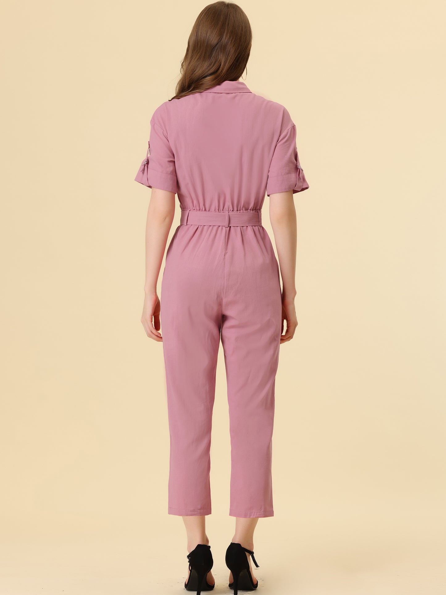 Women's Short Sleeve Collared Cropped Coverall Button Down Tie Waist Cotton Cargo Jumpsuit