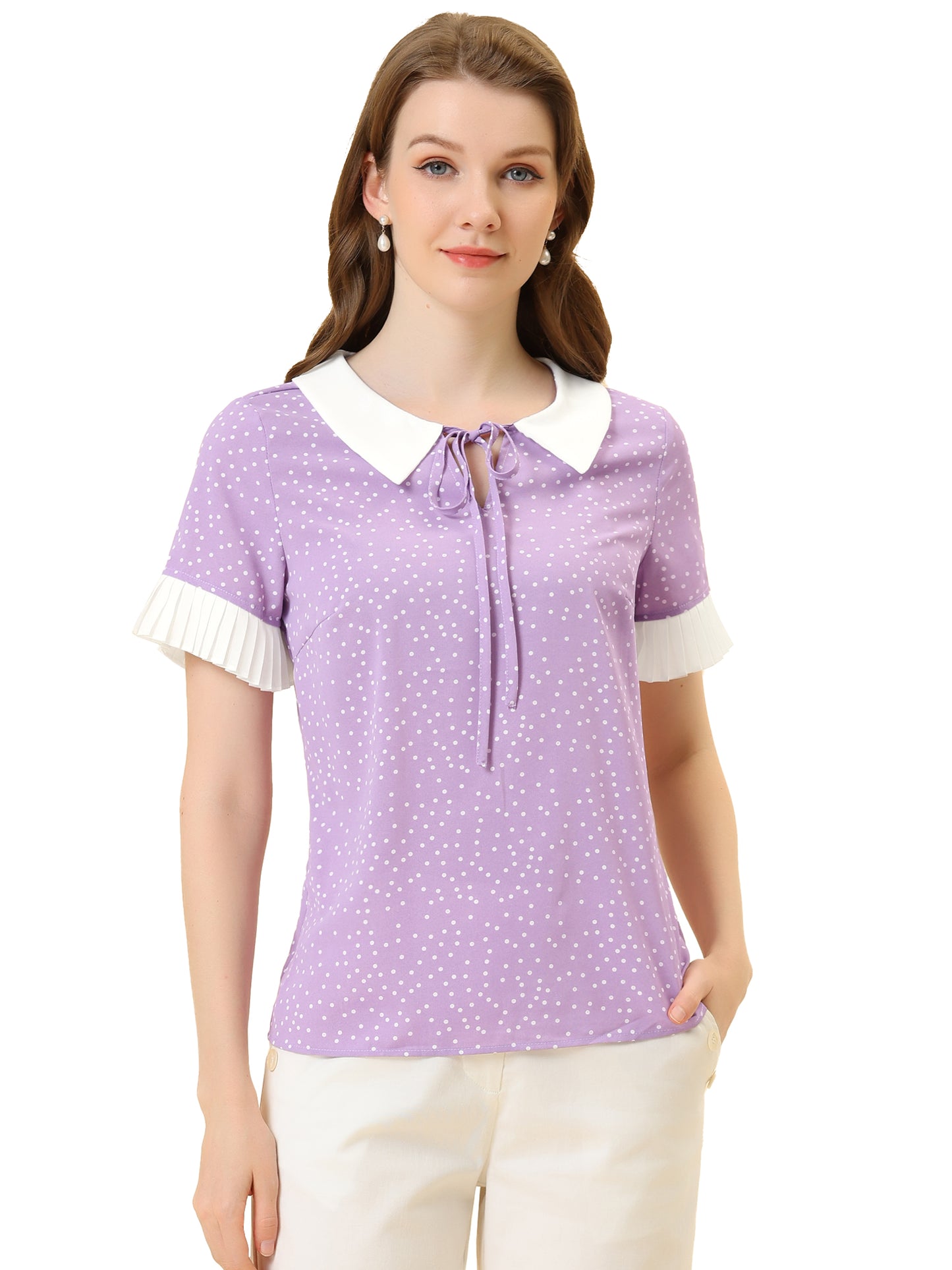 Blusa de manga corta con lunares y cuello de muñeca en contraste para mujer
