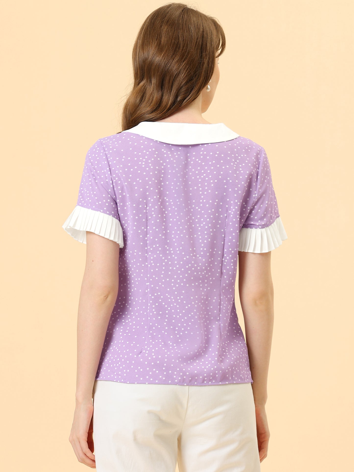 Blusa de manga corta con lunares y cuello de muñeca en contraste para mujer