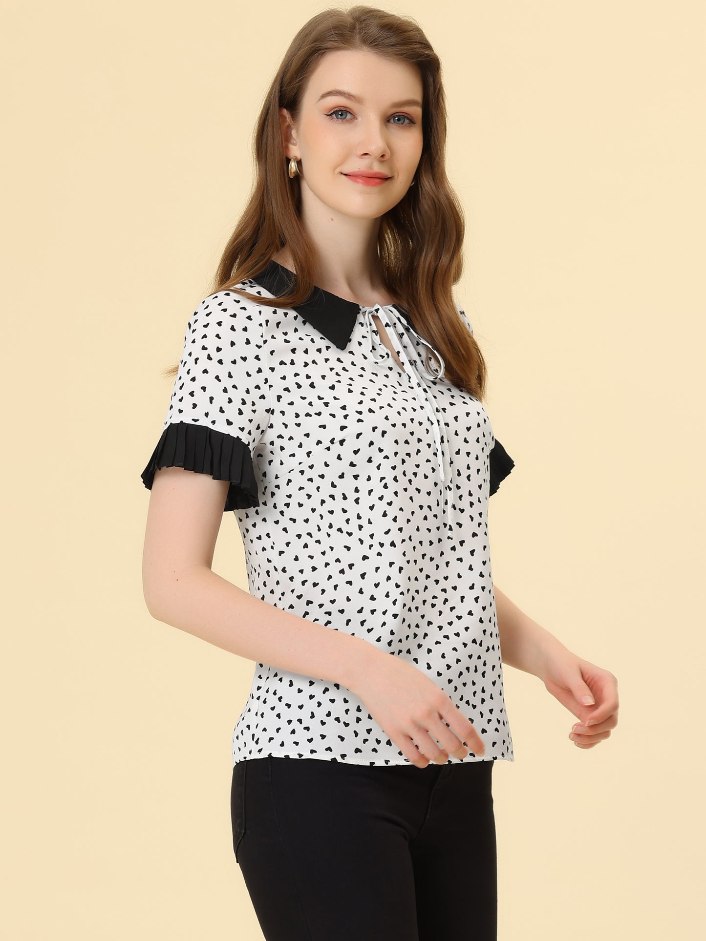 Women's Contrast Doll Collar Polka Dots Short Sleeves Blouse Shirt Top