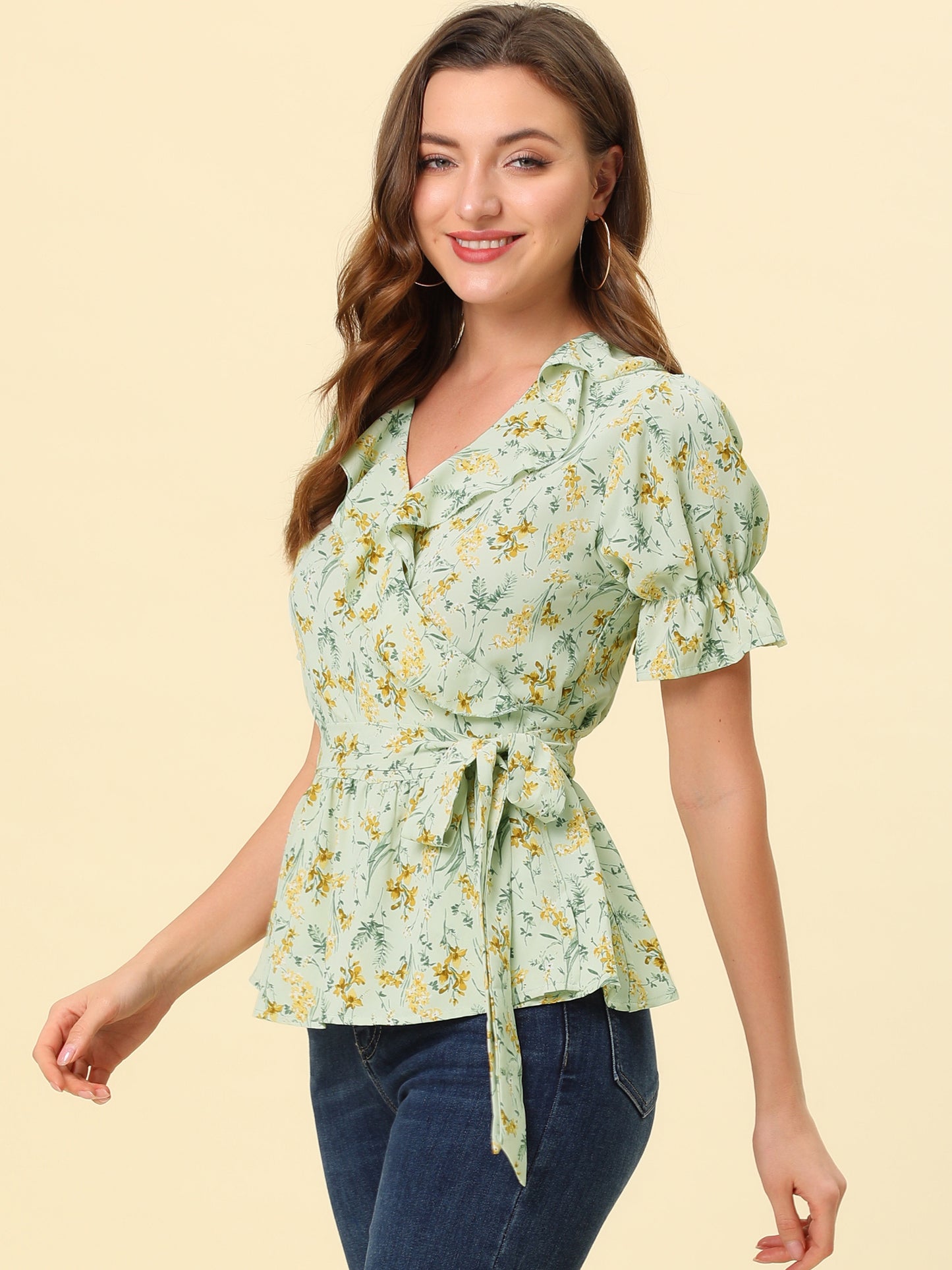 Women's Peplum Top Crossover V Neck Ruffle Wrap Blouse