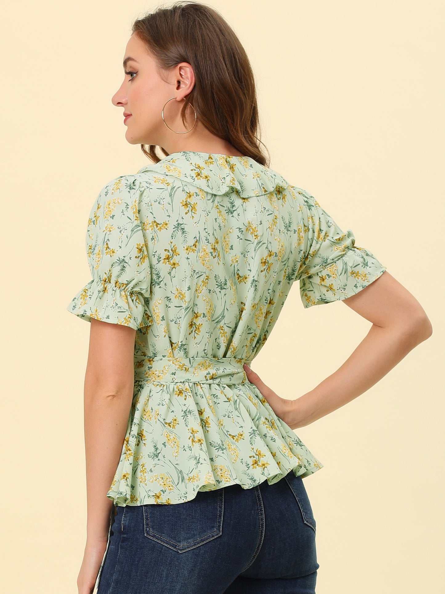 Women's Peplum Top Crossover V Neck Ruffle Wrap Blouse