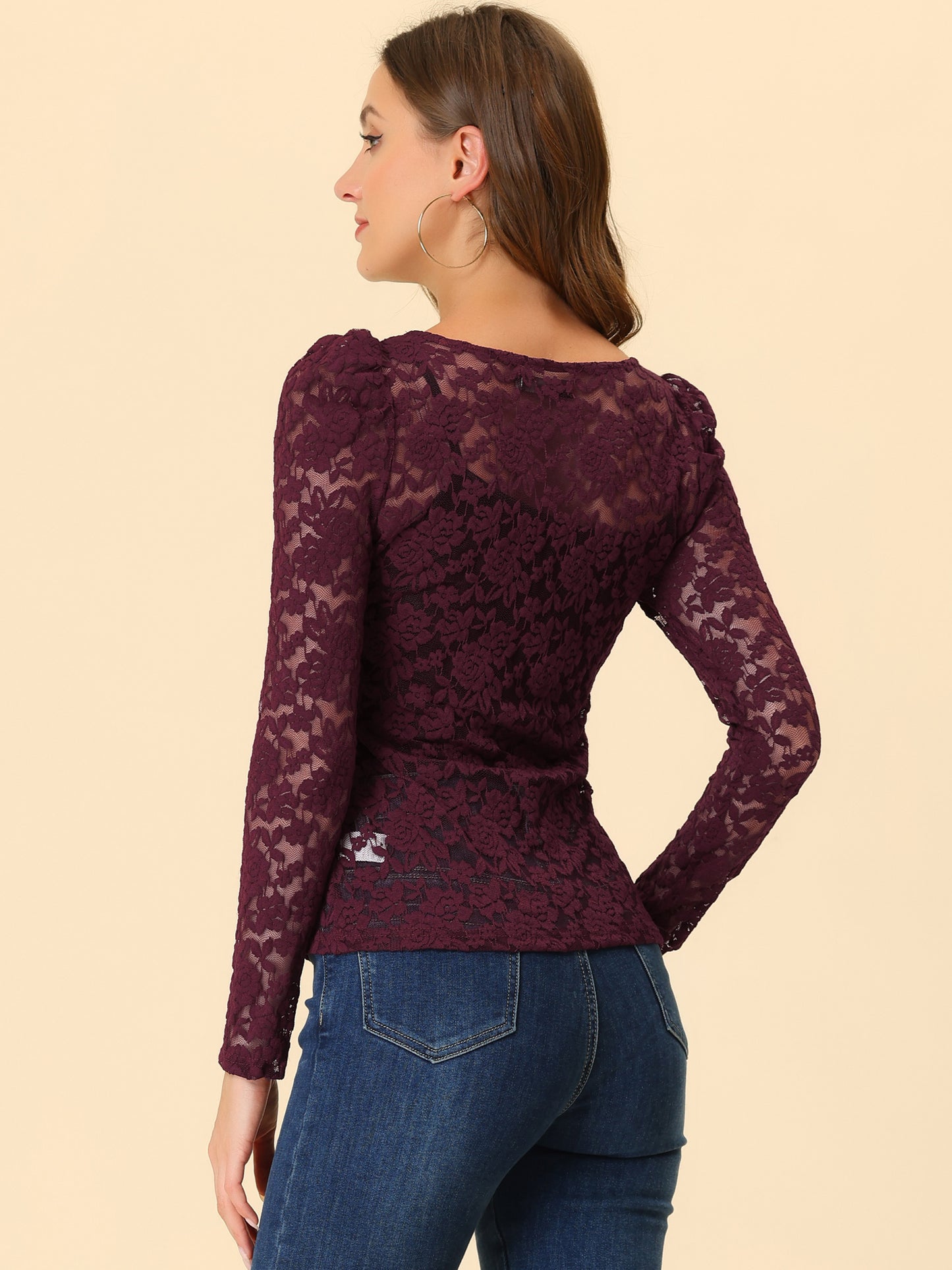 Women's Lace Embroidery Semi Sheer Vintage Puff Sleeve Top