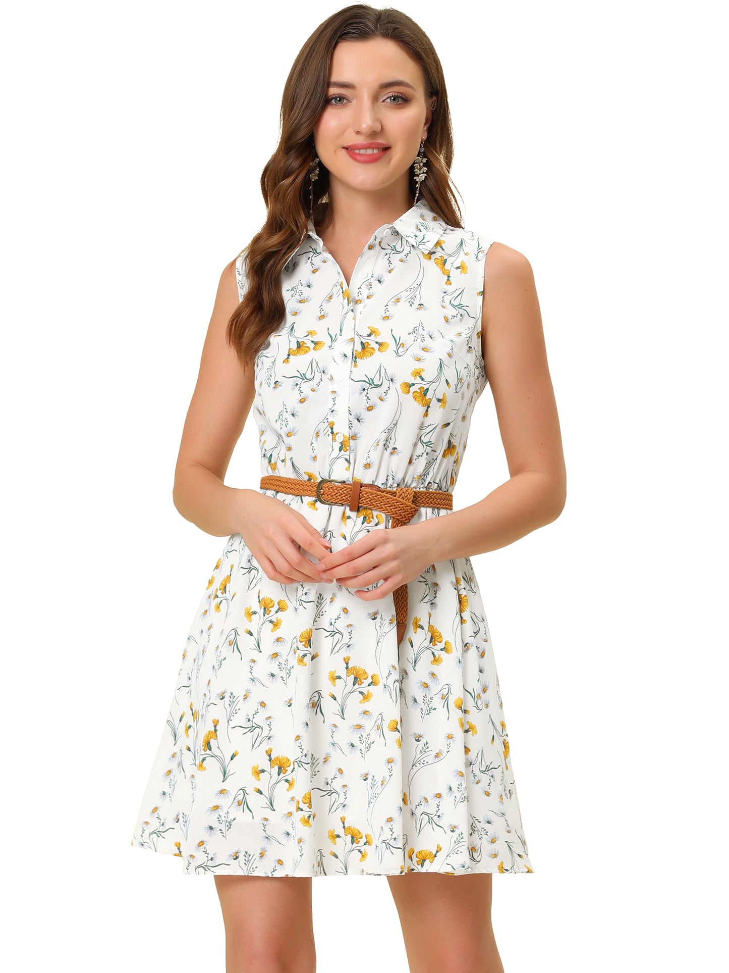 Women's Floral Printed Half Placket Above Knee Summer Sleeveless Belted Dress