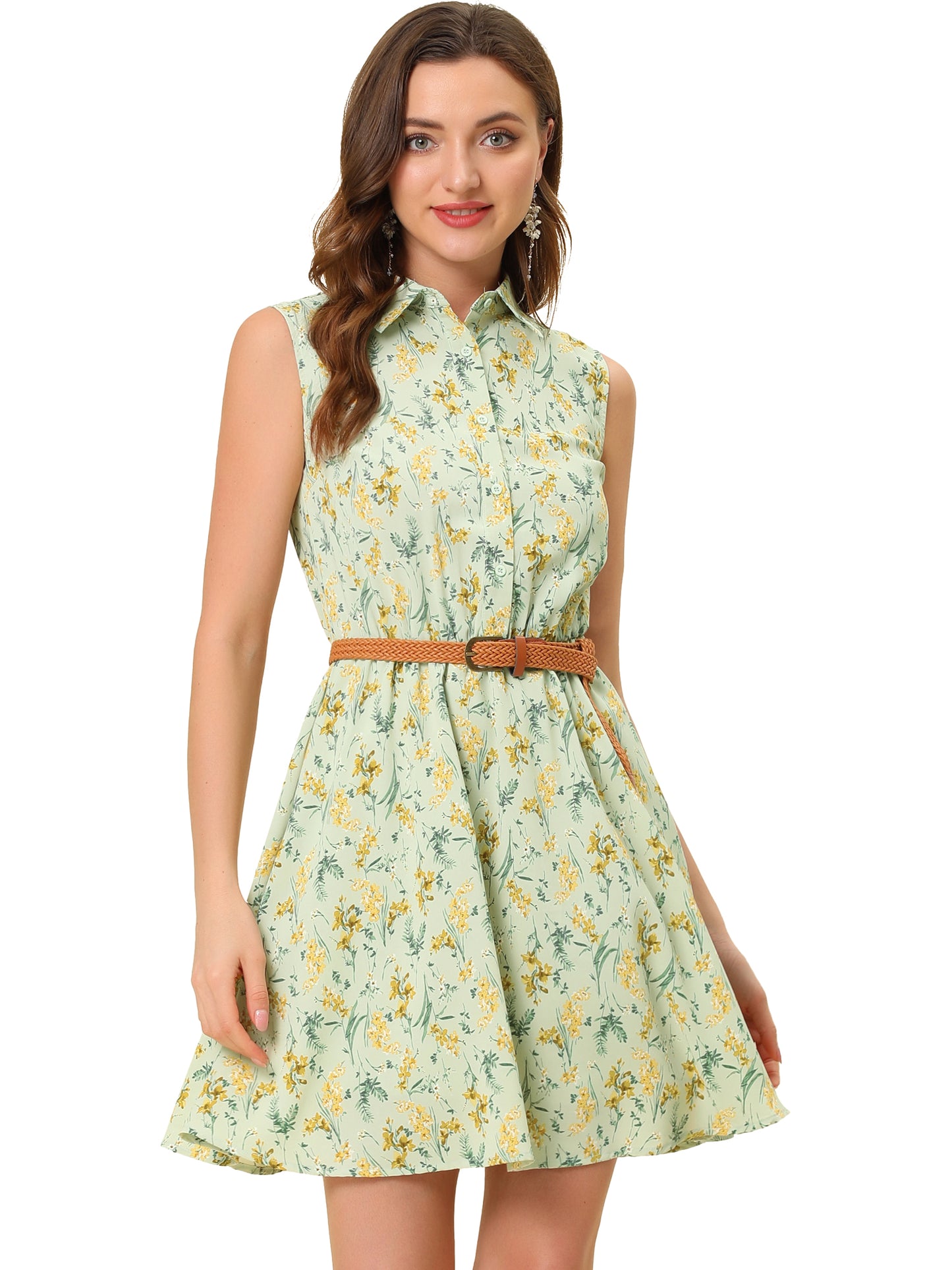 Women's Floral Printed Half Placket Above Knee Summer Sleeveless Belted Dress