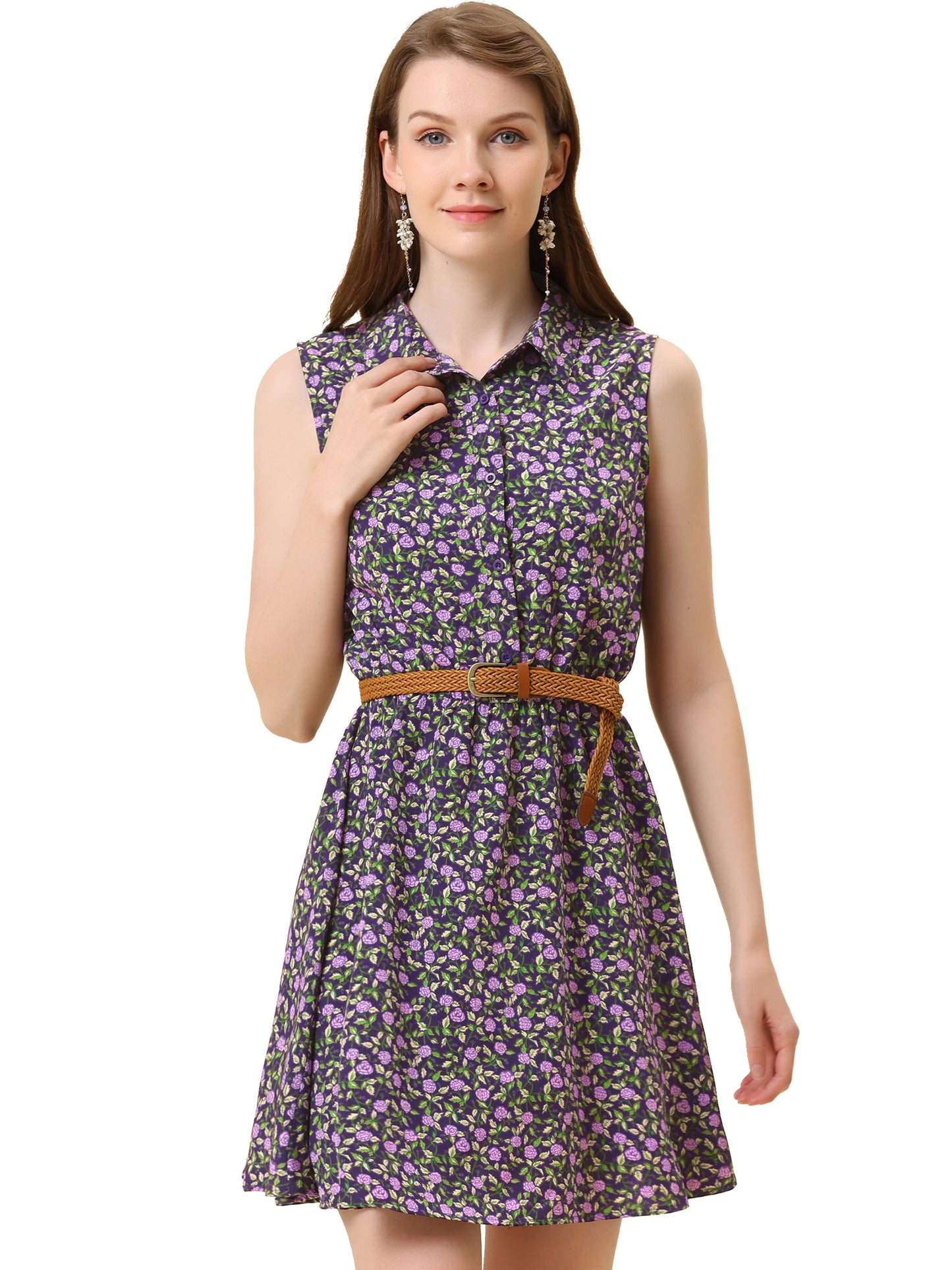 Women's Floral Printed Half Placket Above Knee Summer Sleeveless Belted Dress